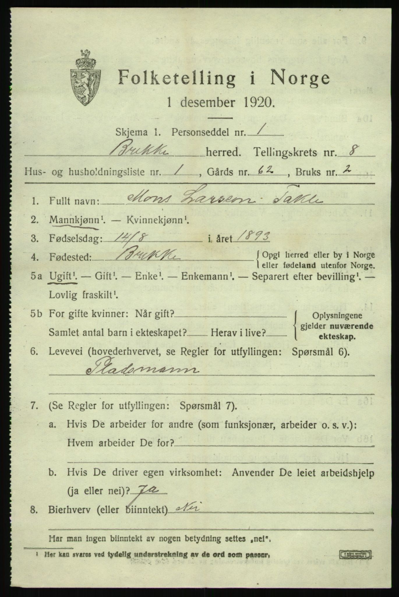 SAB, 1920 census for Brekke, 1920, p. 1724