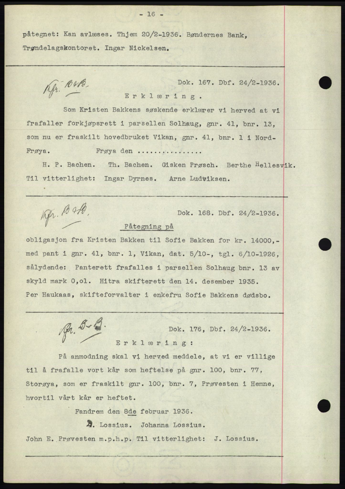 Hitra sorenskriveri, AV/SAT-A-0018/2/2C/2Ca: Mortgage book no. C1, 1936-1945, Diary no: : 167/1936