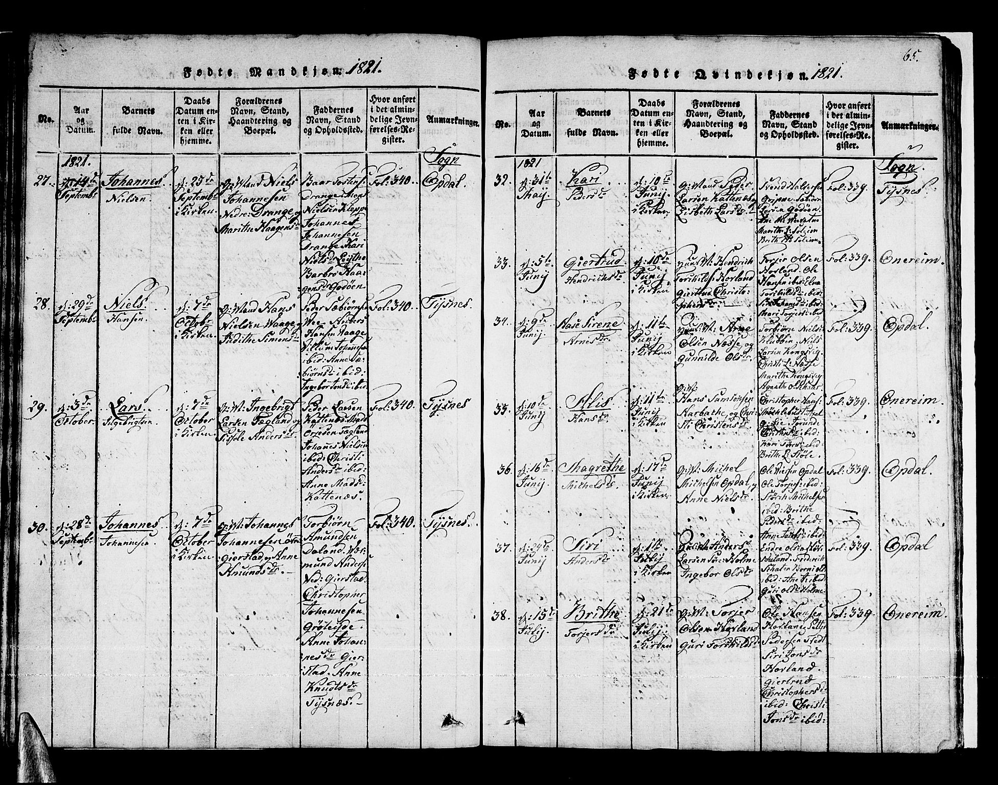 Tysnes sokneprestembete, SAB/A-78601/H/Haa: Parish register (official) no. A 7, 1816-1826, p. 65