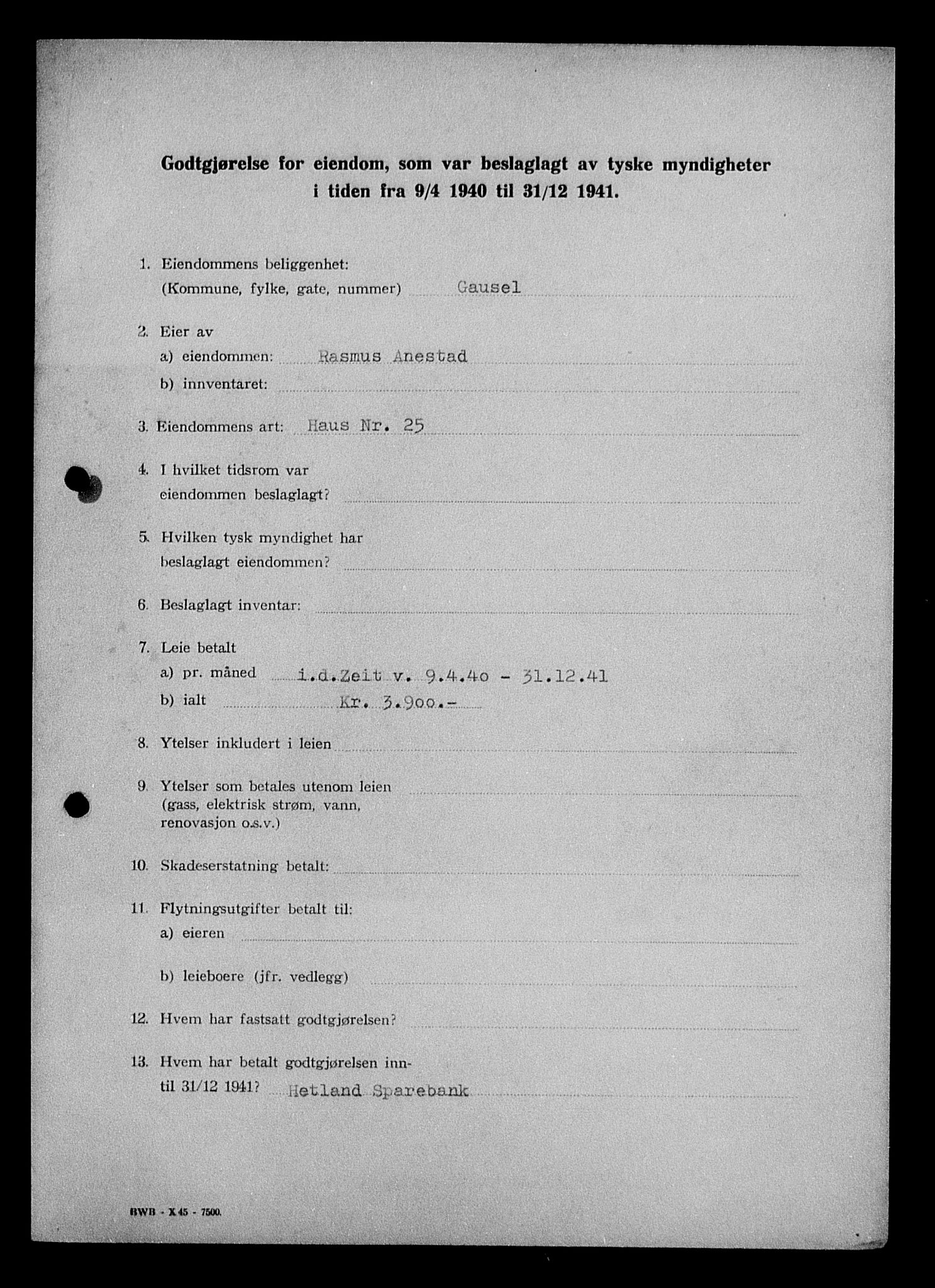 Justisdepartementet, Tilbakeføringskontoret for inndratte formuer, AV/RA-S-1564/I/L1015: Godtgjørelse for beslaglagt eiendom, 1940-1941, p. 433