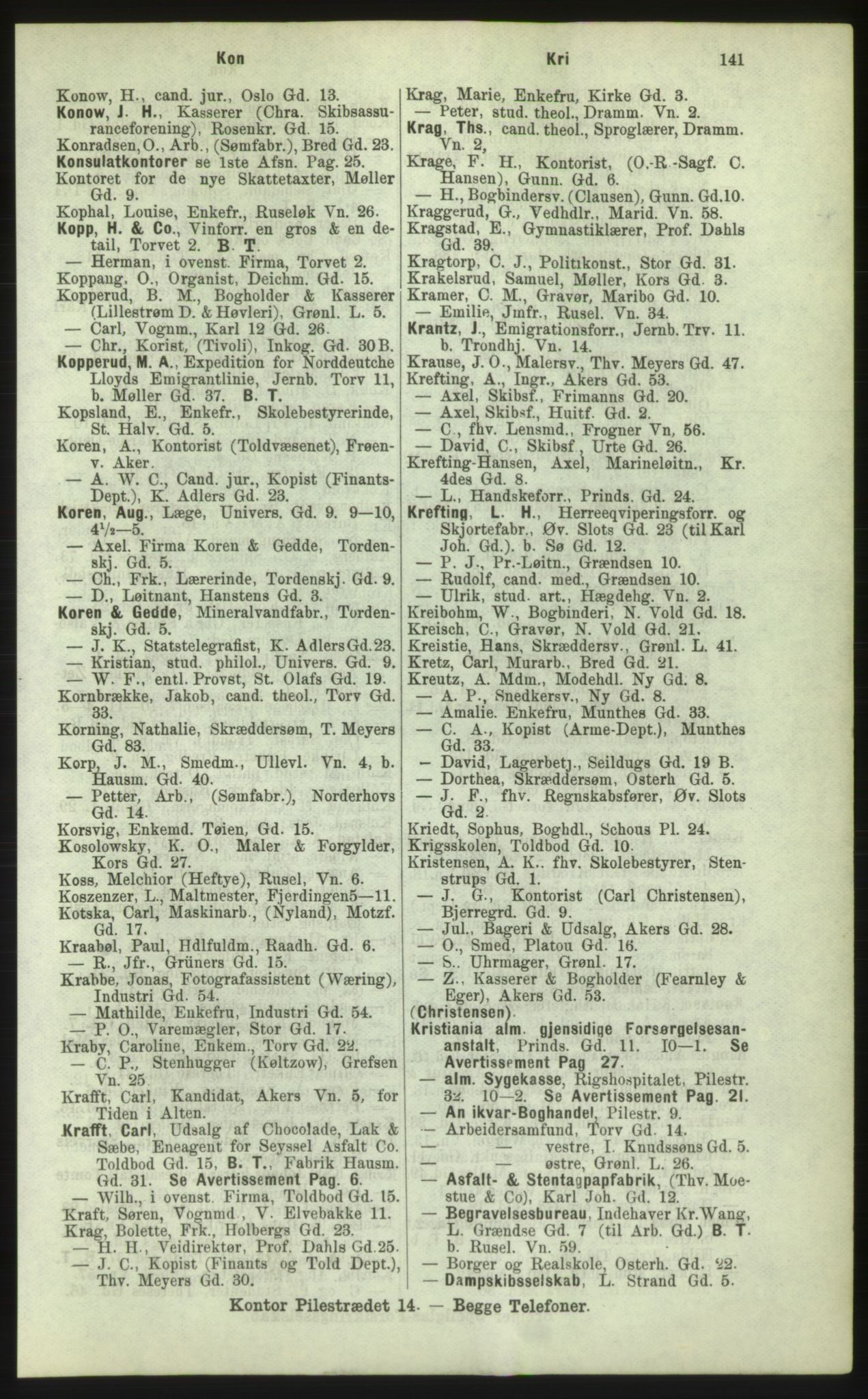 Kristiania/Oslo adressebok, PUBL/-, 1884, p. 141