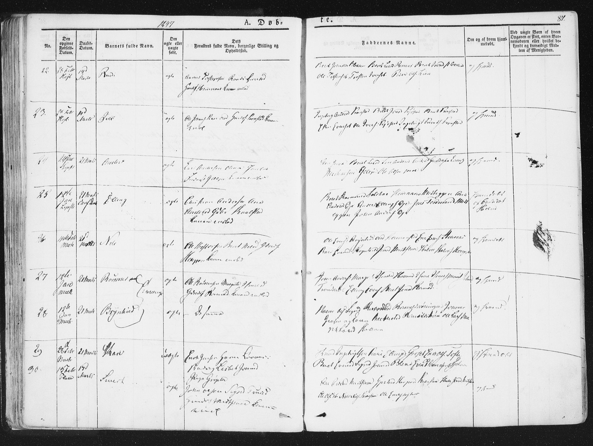 Ministerialprotokoller, klokkerbøker og fødselsregistre - Sør-Trøndelag, AV/SAT-A-1456/691/L1074: Parish register (official) no. 691A06, 1842-1852, p. 87