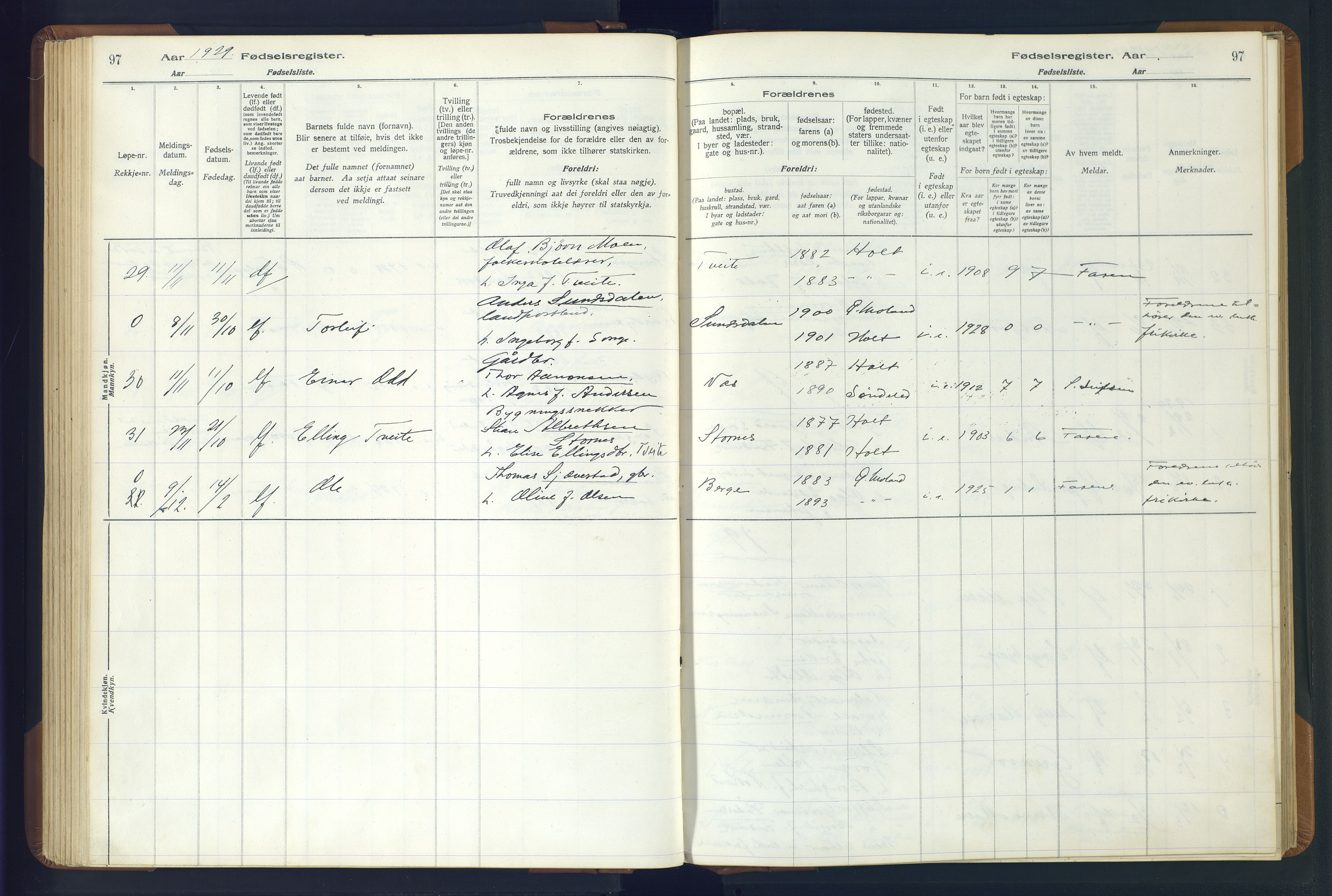 Holt sokneprestkontor, AV/SAK-1111-0021/J/Ja/L0001: Birth register no. II.4.1, 1916-1946, p. 97