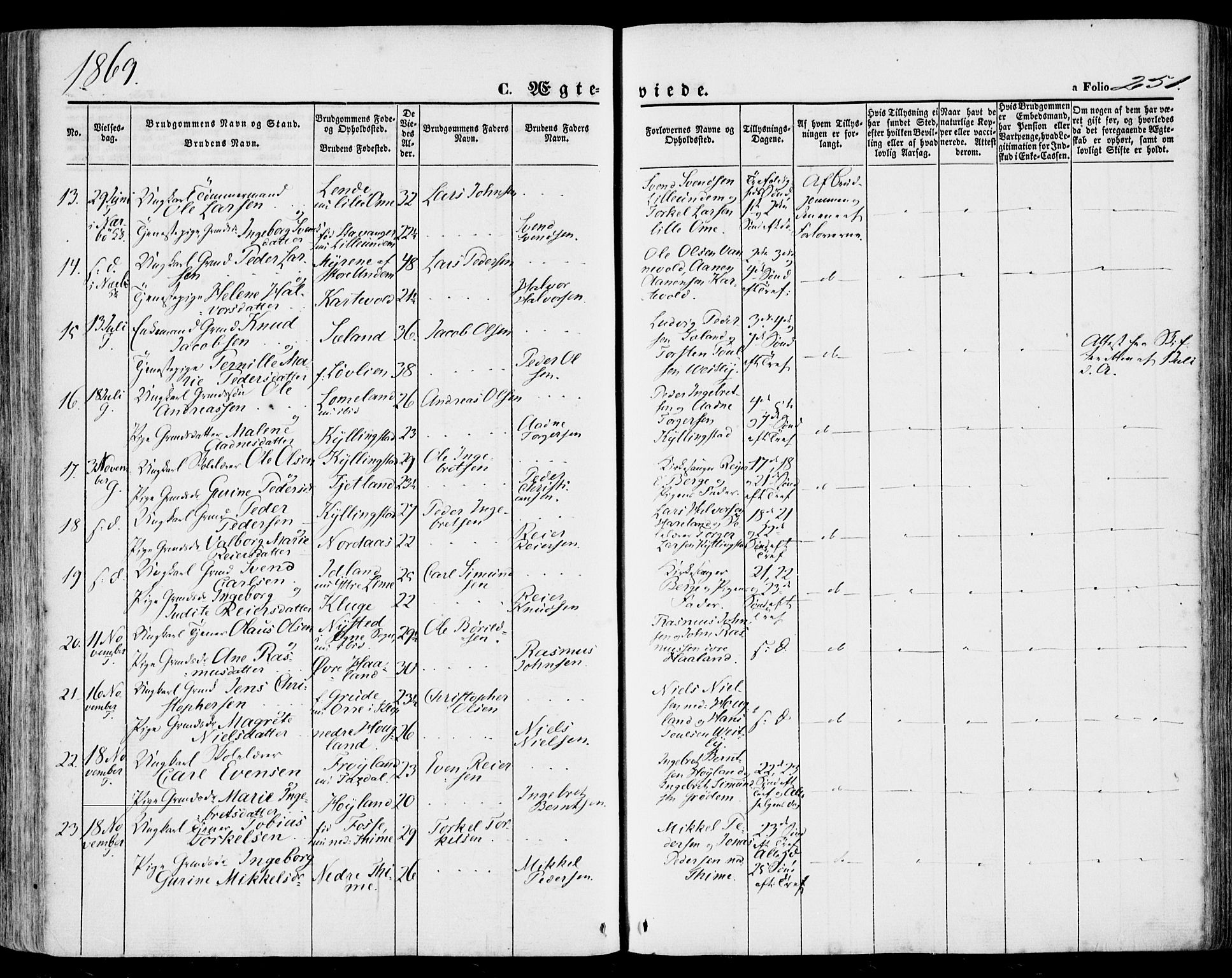 Lye sokneprestkontor, SAST/A-101794/001/30BA/L0007: Parish register (official) no. A 6, 1856-1871, p. 251
