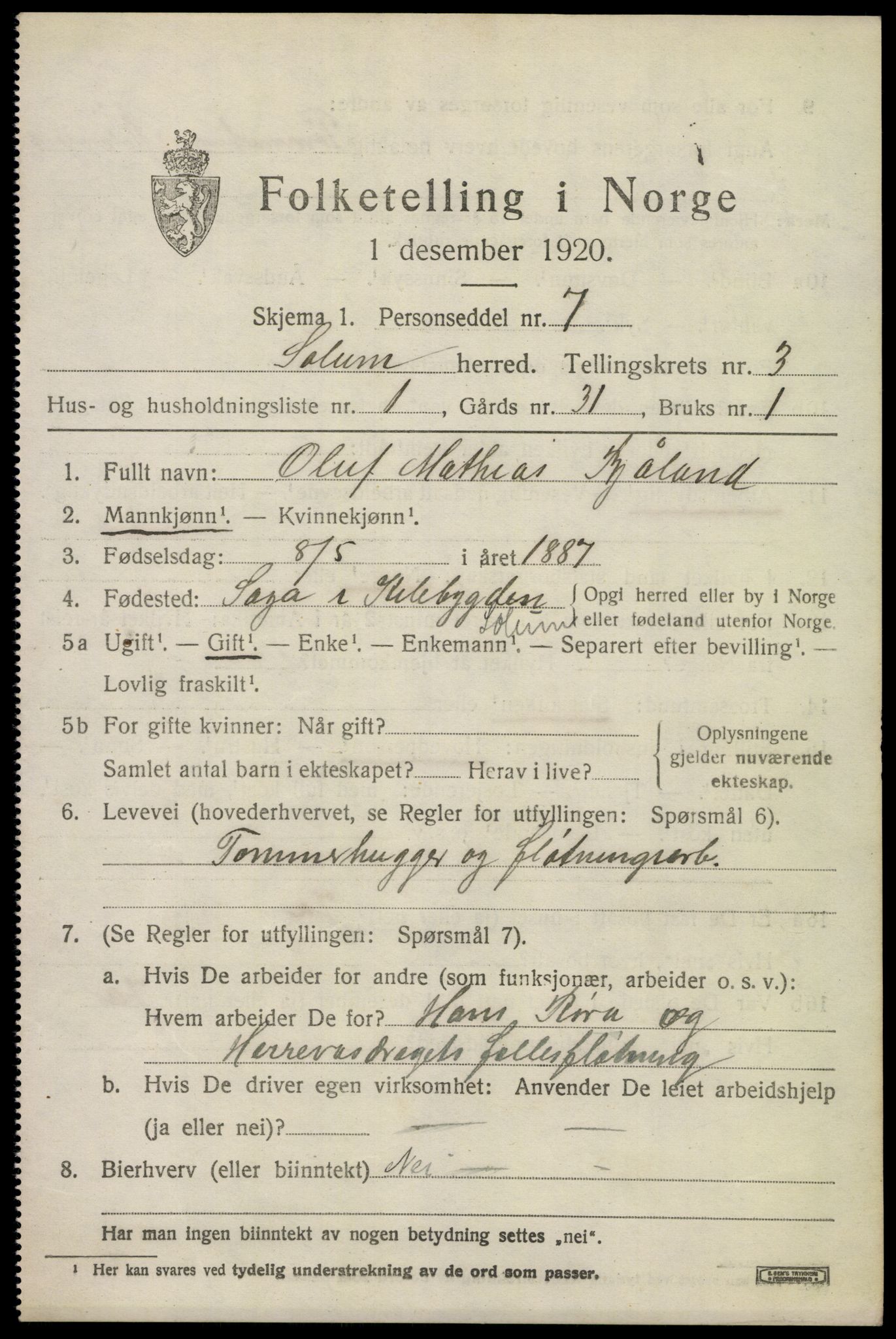 SAKO, 1920 census for Solum, 1920, p. 7690