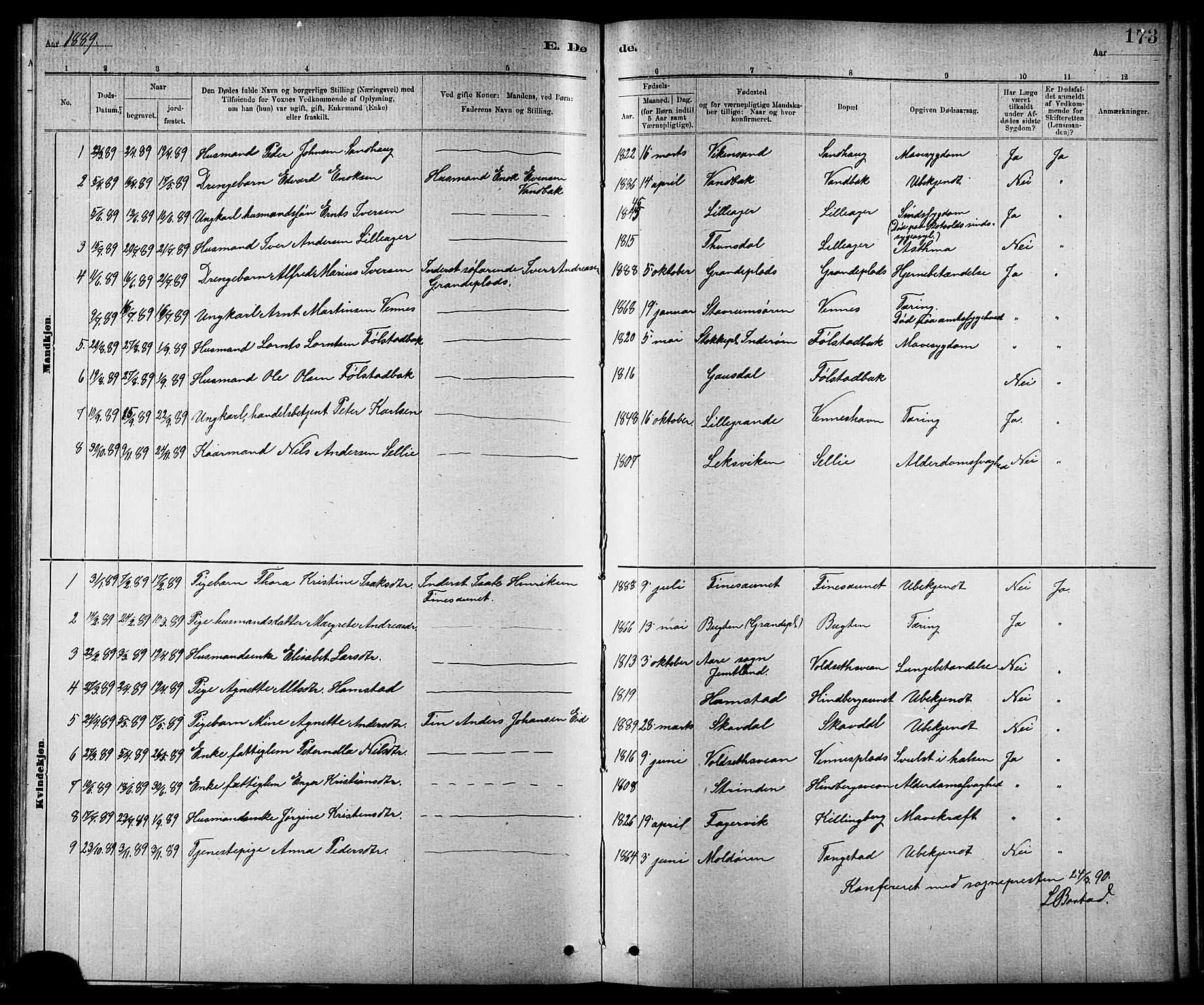 Ministerialprotokoller, klokkerbøker og fødselsregistre - Nord-Trøndelag, SAT/A-1458/744/L0423: Parish register (copy) no. 744C02, 1886-1905, p. 173