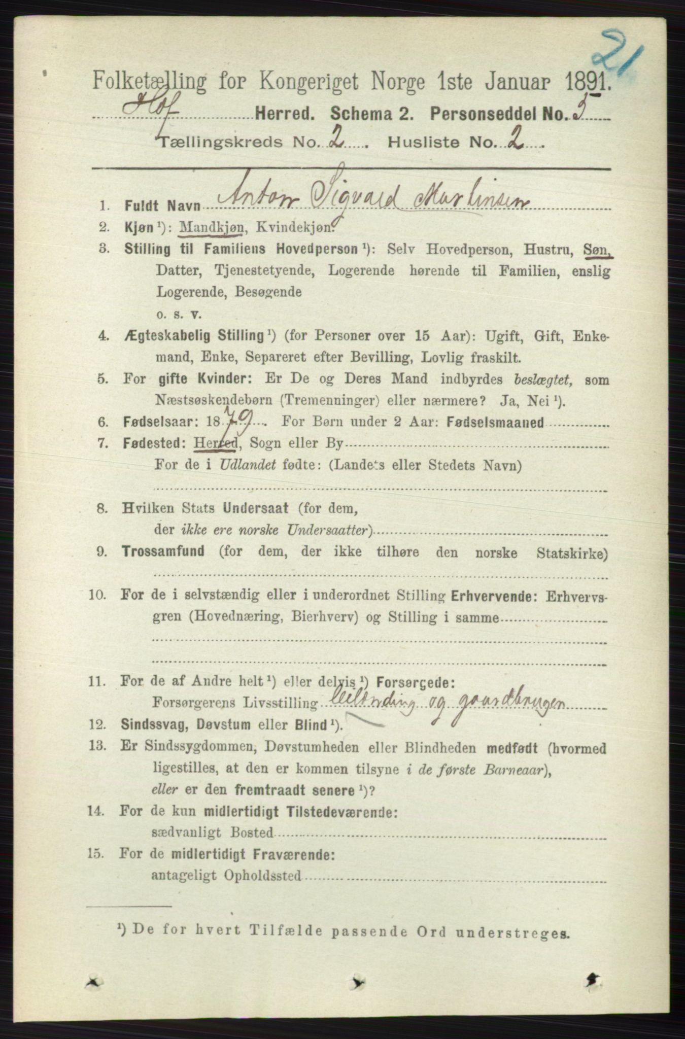 RA, 1891 census for 0714 Hof, 1891, p. 457