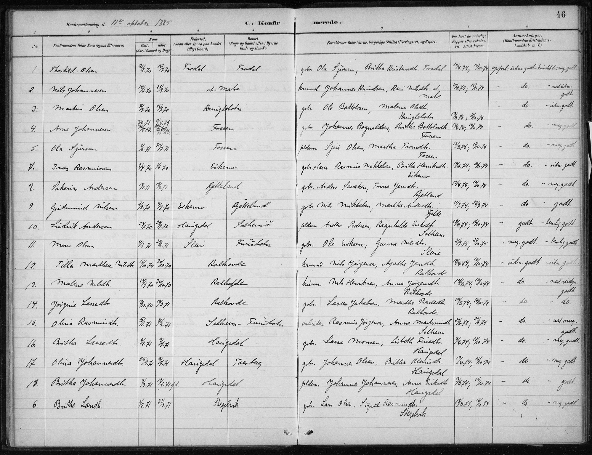 Masfjorden Sokneprestembete, AV/SAB-A-77001: Parish register (official) no. C  1, 1882-1896, p. 46