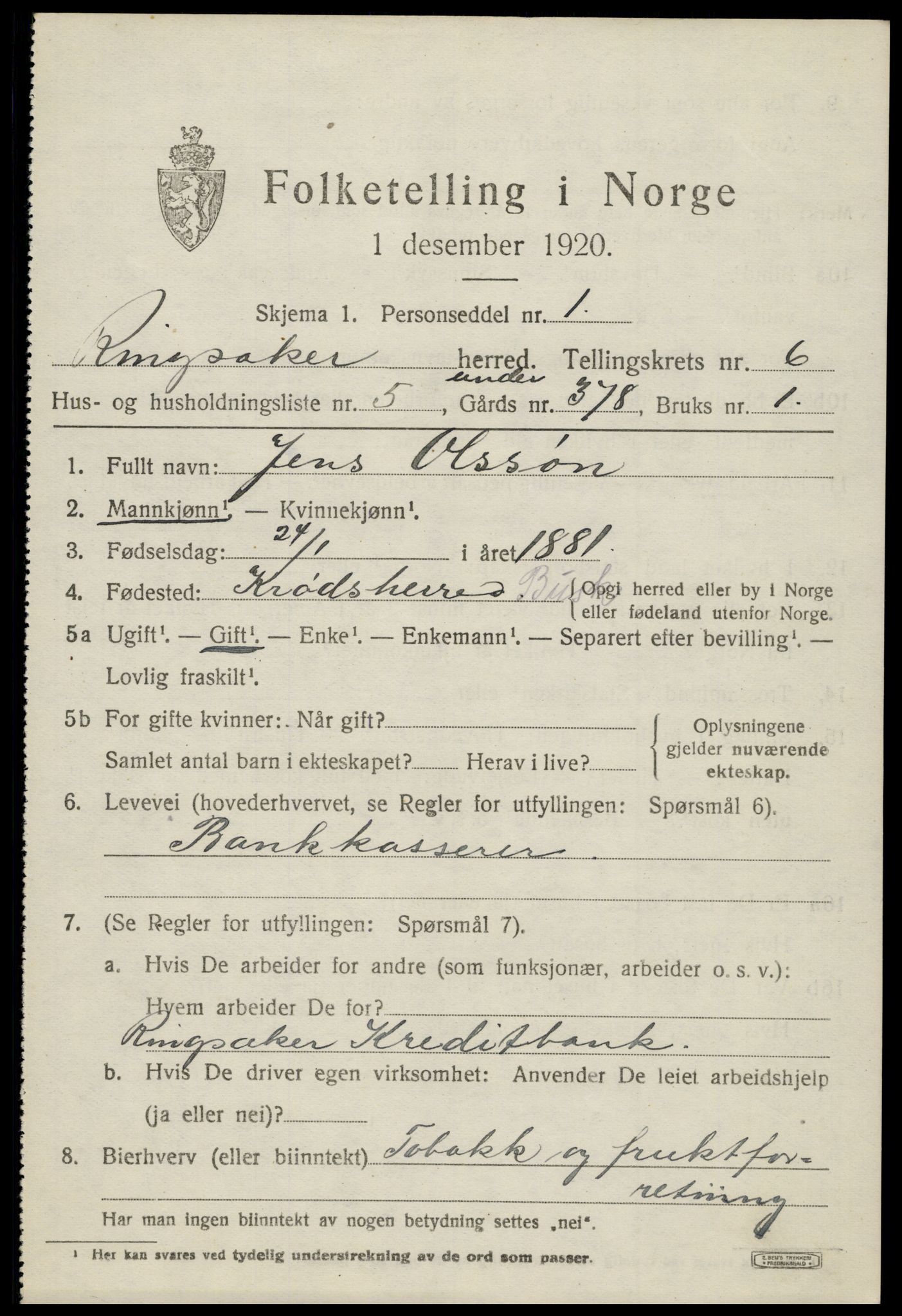 SAH, 1920 census for Ringsaker, 1920, p. 11286