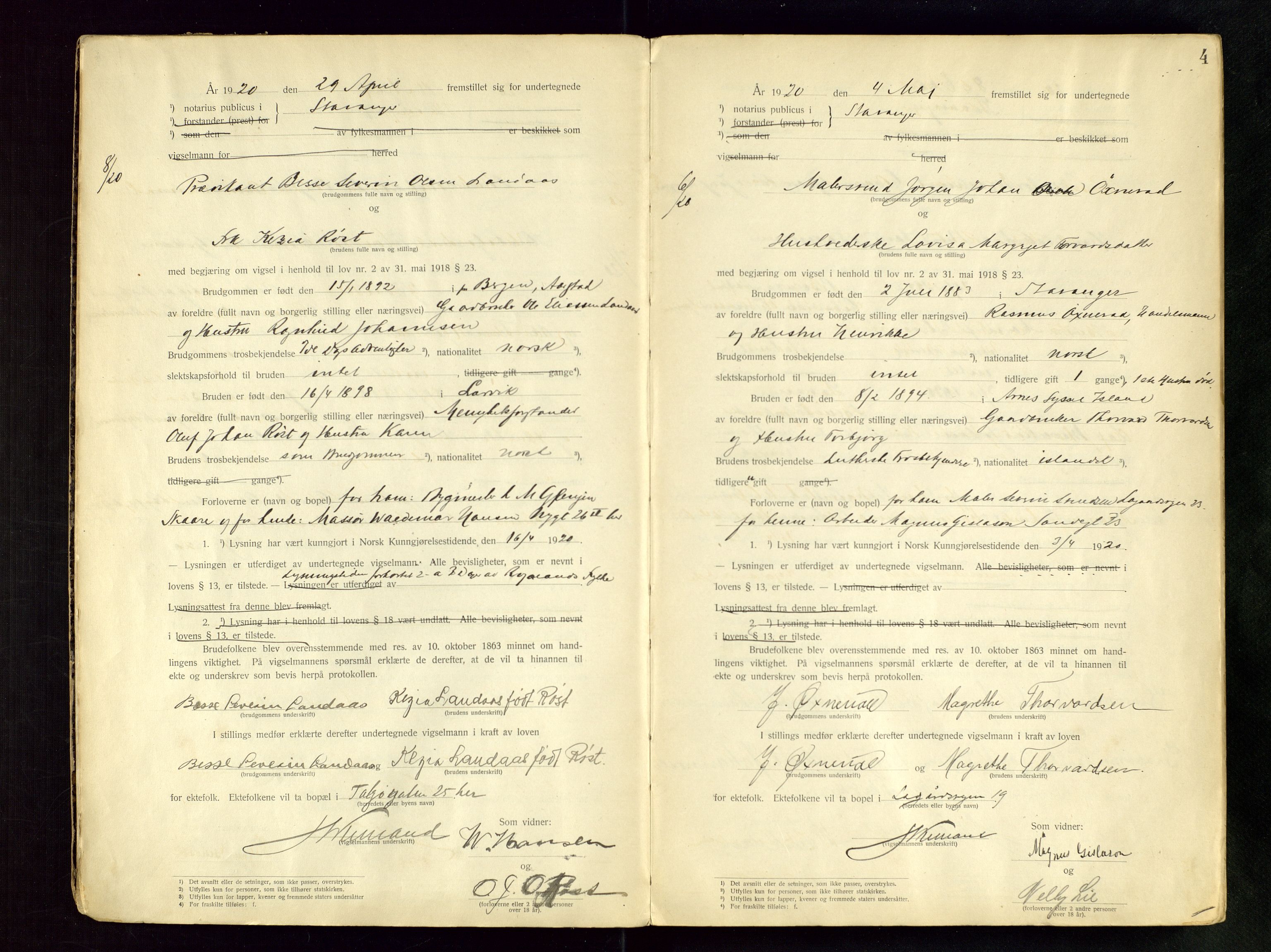 Stavanger byfogd, AV/SAST-A-101408/001/6/62/62BB/L0001: Vigselsprotokoll, 1920-1926, p. 4