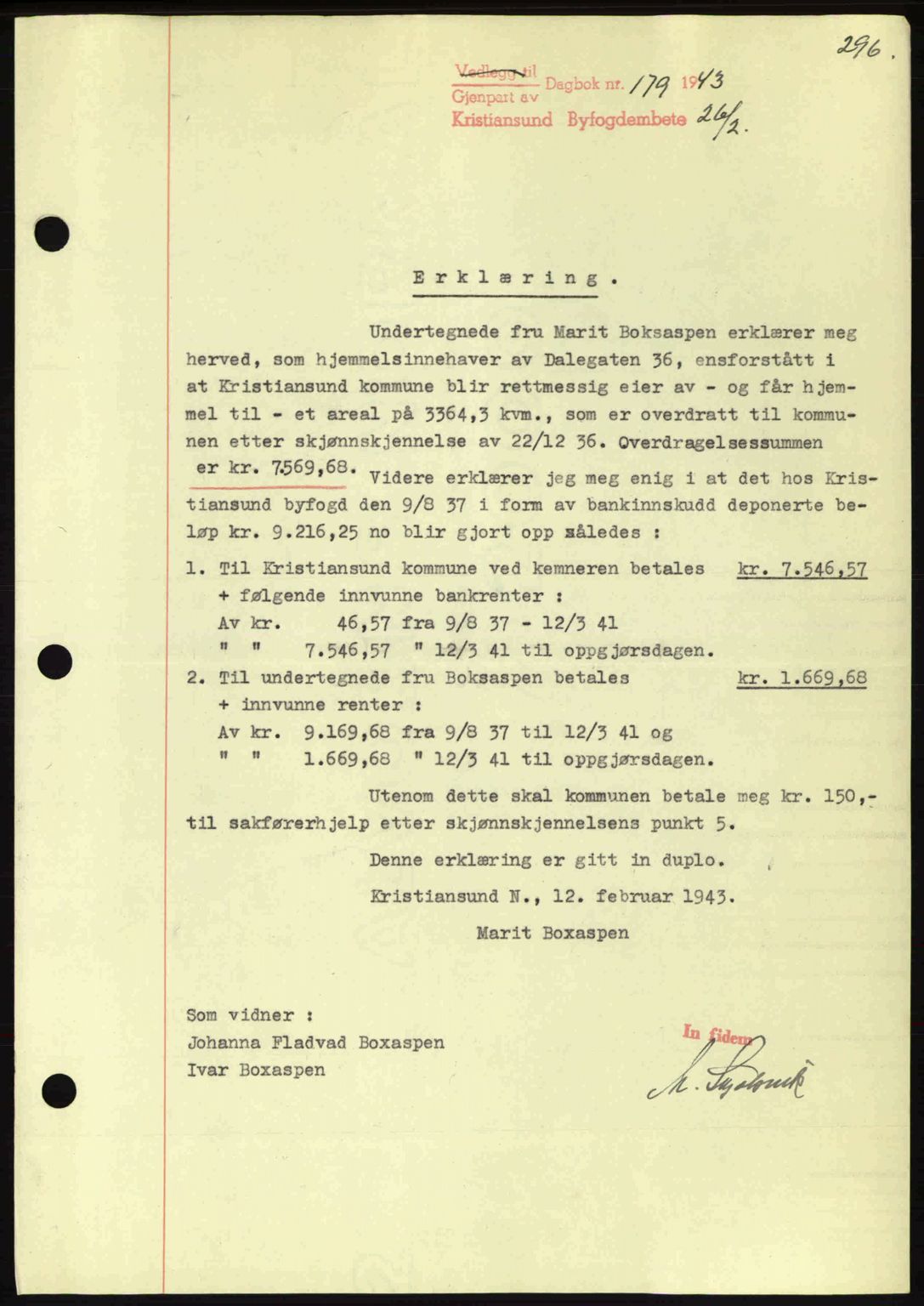 Kristiansund byfogd, AV/SAT-A-4587/A/27: Mortgage book no. 34, 1941-1945, Diary no: : 179/1943