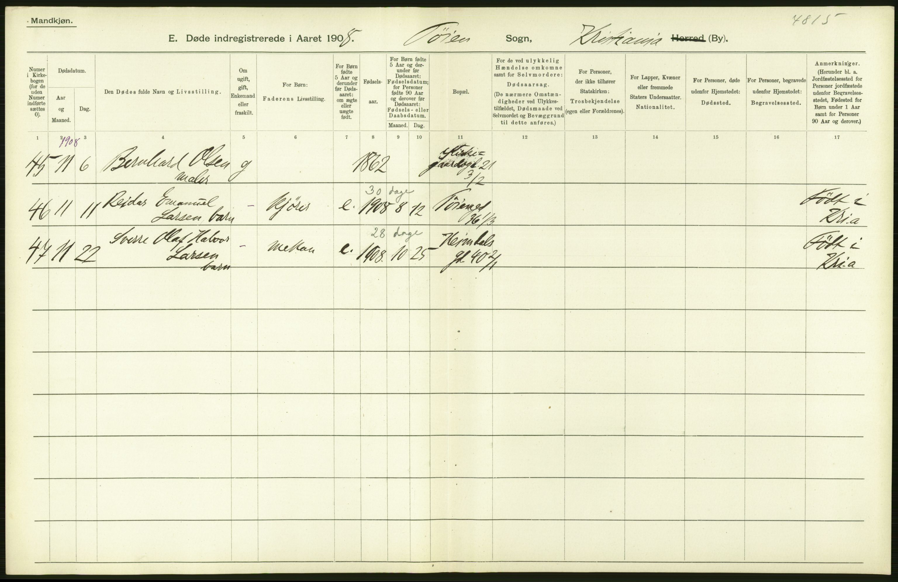 Statistisk sentralbyrå, Sosiodemografiske emner, Befolkning, AV/RA-S-2228/D/Df/Dfa/Dfaf/L0009: Kristiania: Døde, dødfødte., 1908, p. 32