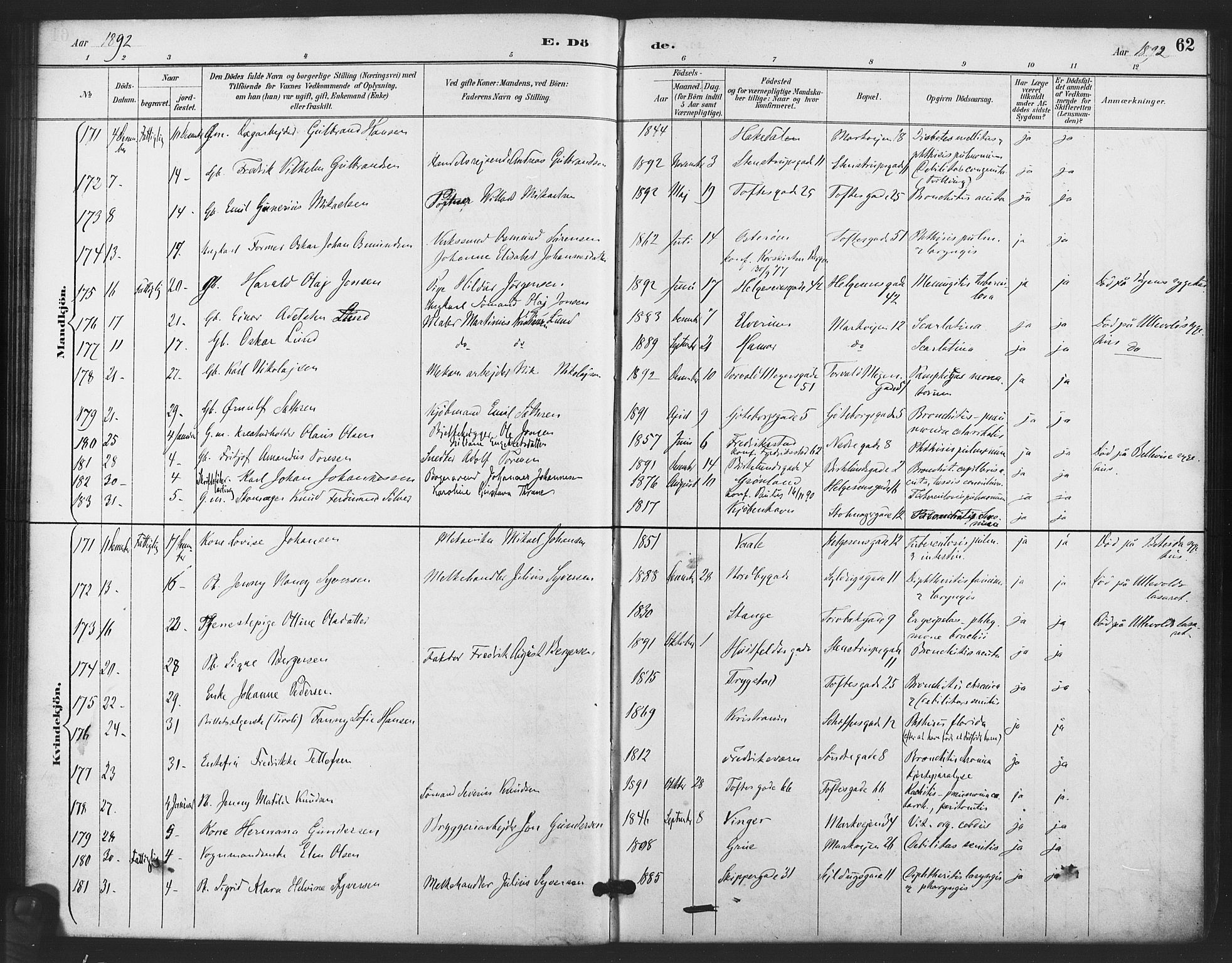 Paulus prestekontor Kirkebøker, AV/SAO-A-10871/F/Fa/L0011: Parish register (official) no. 11, 1889-1897, p. 62