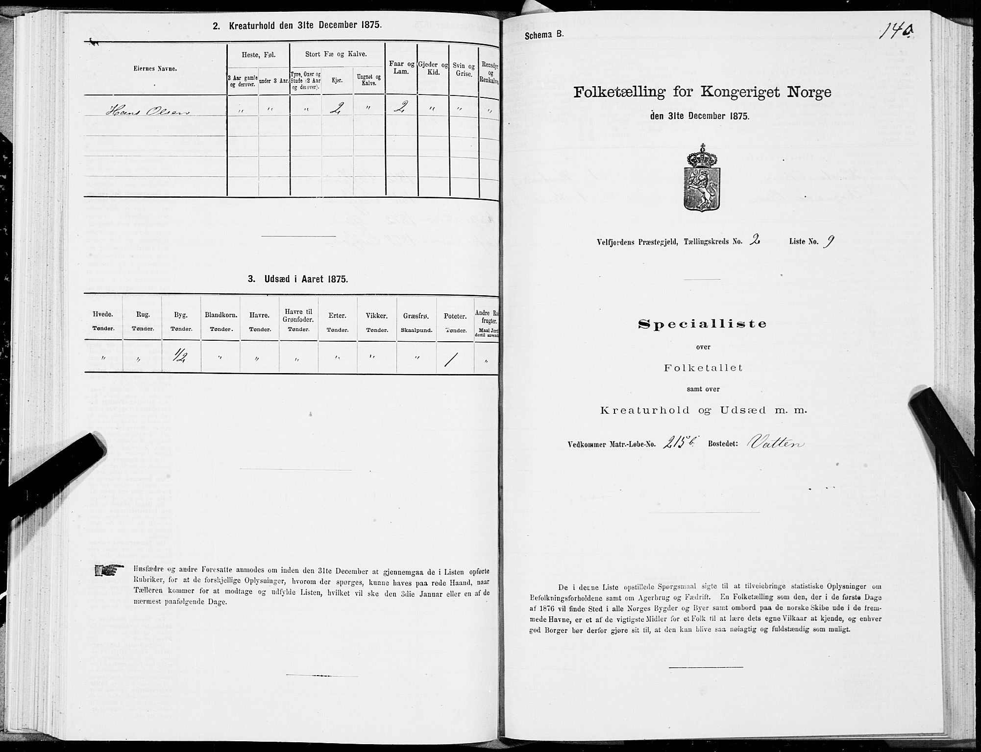 SAT, 1875 census for 1813P Velfjord, 1875, p. 1140