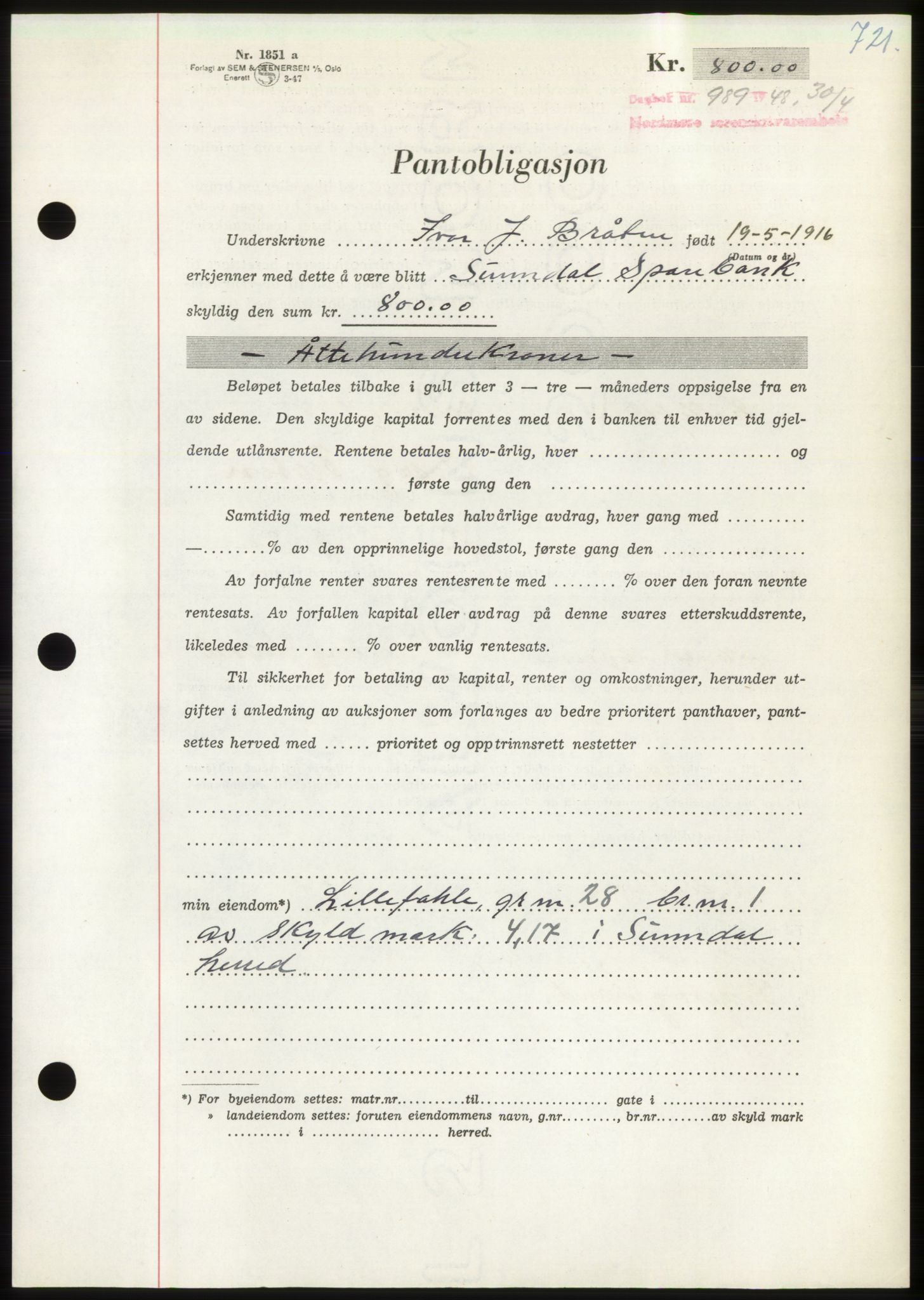 Nordmøre sorenskriveri, AV/SAT-A-4132/1/2/2Ca: Mortgage book no. B98, 1948-1948, Diary no: : 989/1948