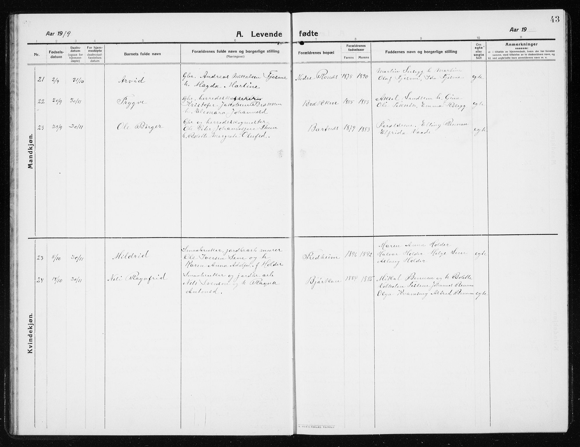 Ministerialprotokoller, klokkerbøker og fødselsregistre - Nord-Trøndelag, SAT/A-1458/741/L0402: Parish register (copy) no. 741C03, 1911-1926, p. 43