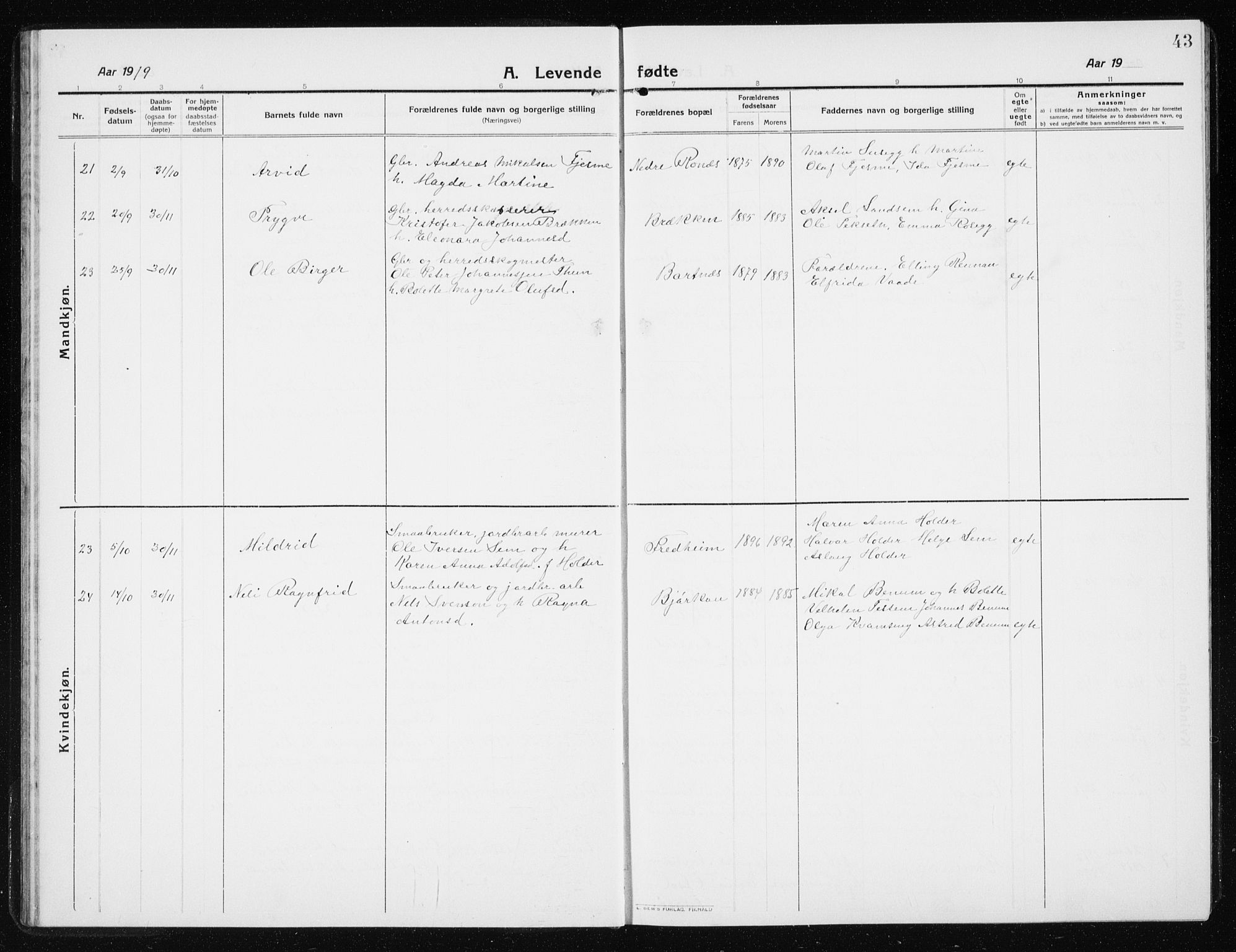 Ministerialprotokoller, klokkerbøker og fødselsregistre - Nord-Trøndelag, AV/SAT-A-1458/741/L0402: Parish register (copy) no. 741C03, 1911-1926, p. 43