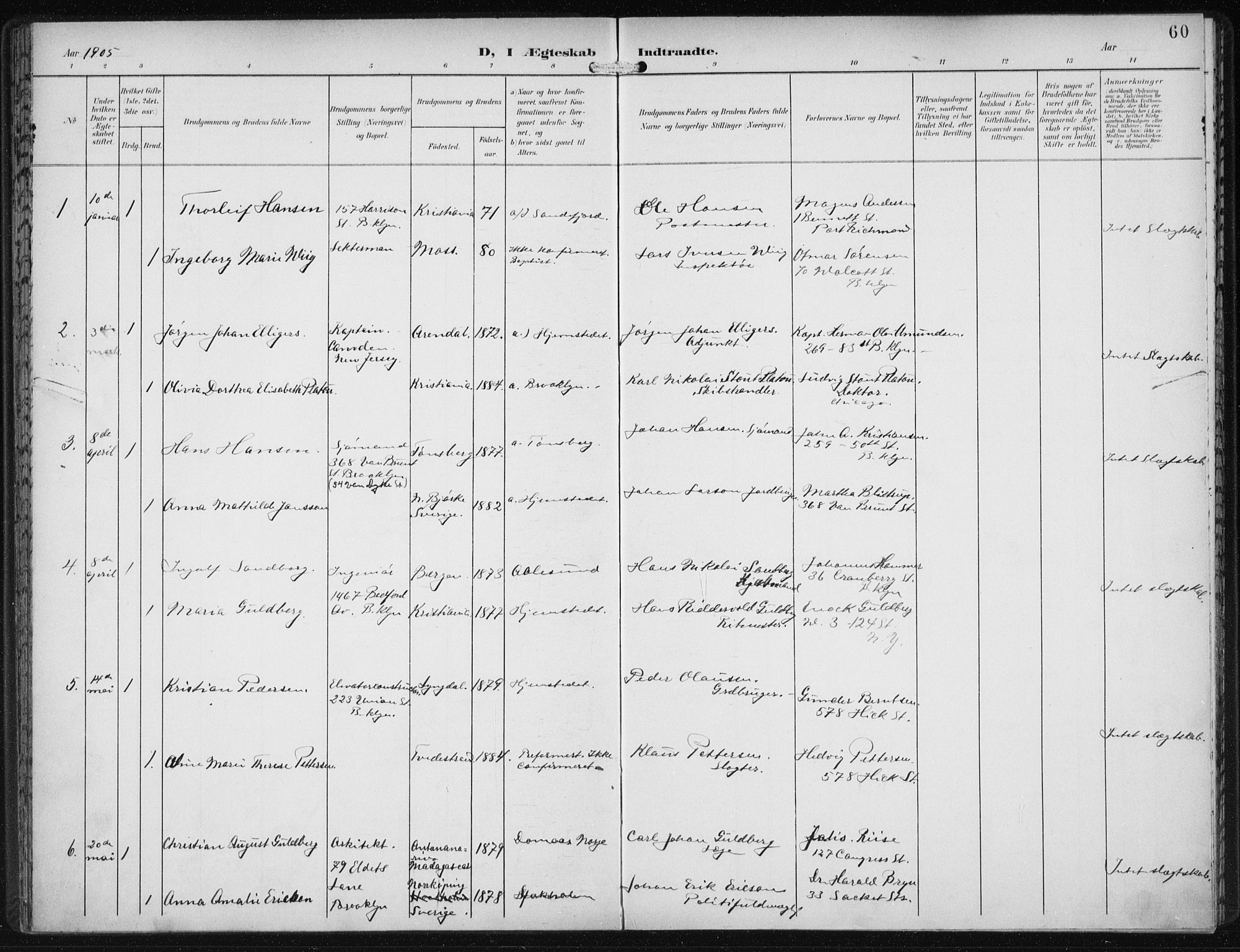 Den norske sjømannsmisjon i utlandet/New York, SAB/SAB/PA-0110/H/Ha/L0005: Parish register (official) no. A 5, 1902-1908, p. 60