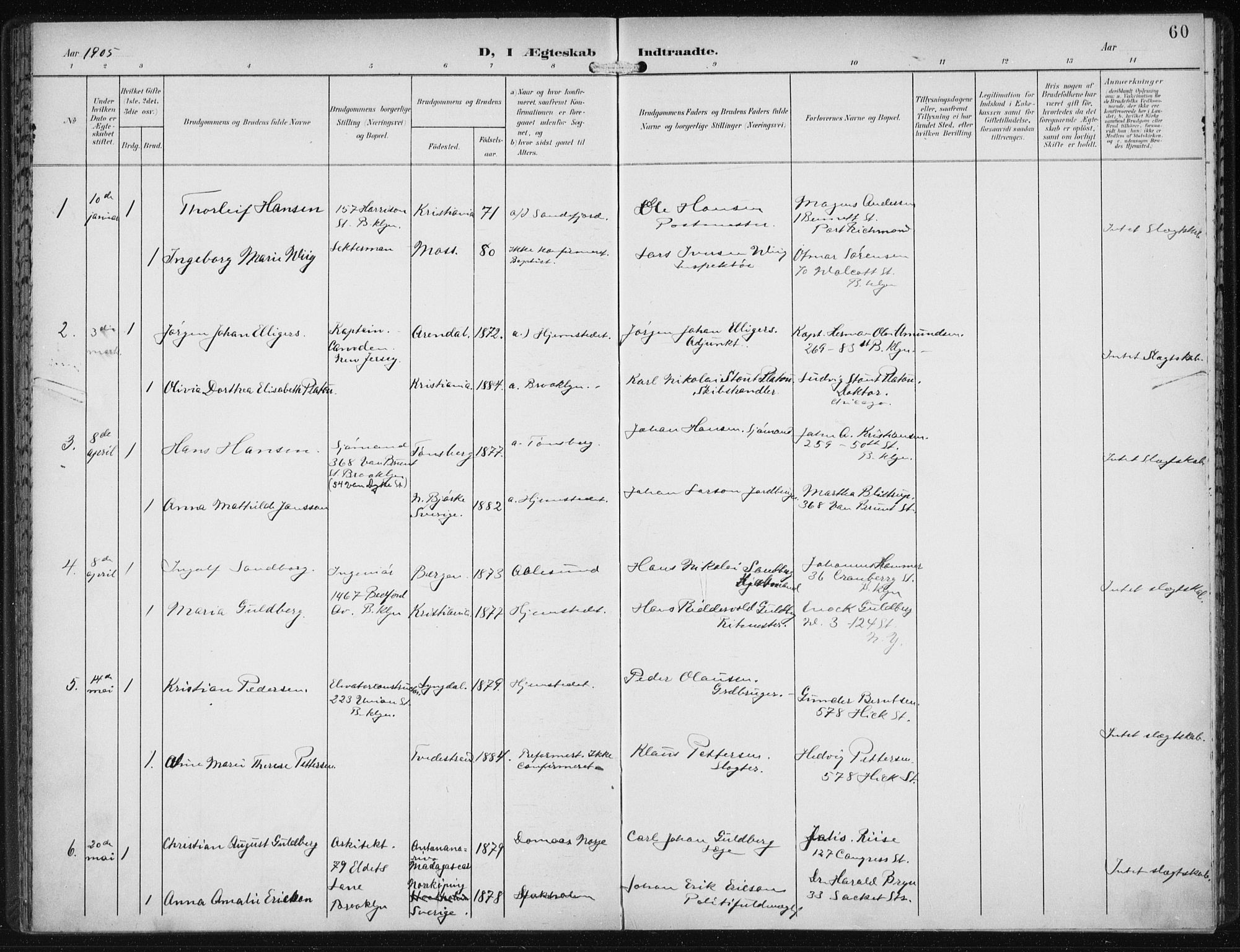 Den norske sjømannsmisjon i utlandet/New York, AV/SAB-SAB/PA-0110/H/Ha/L0005: Parish register (official) no. A 5, 1902-1908, p. 60