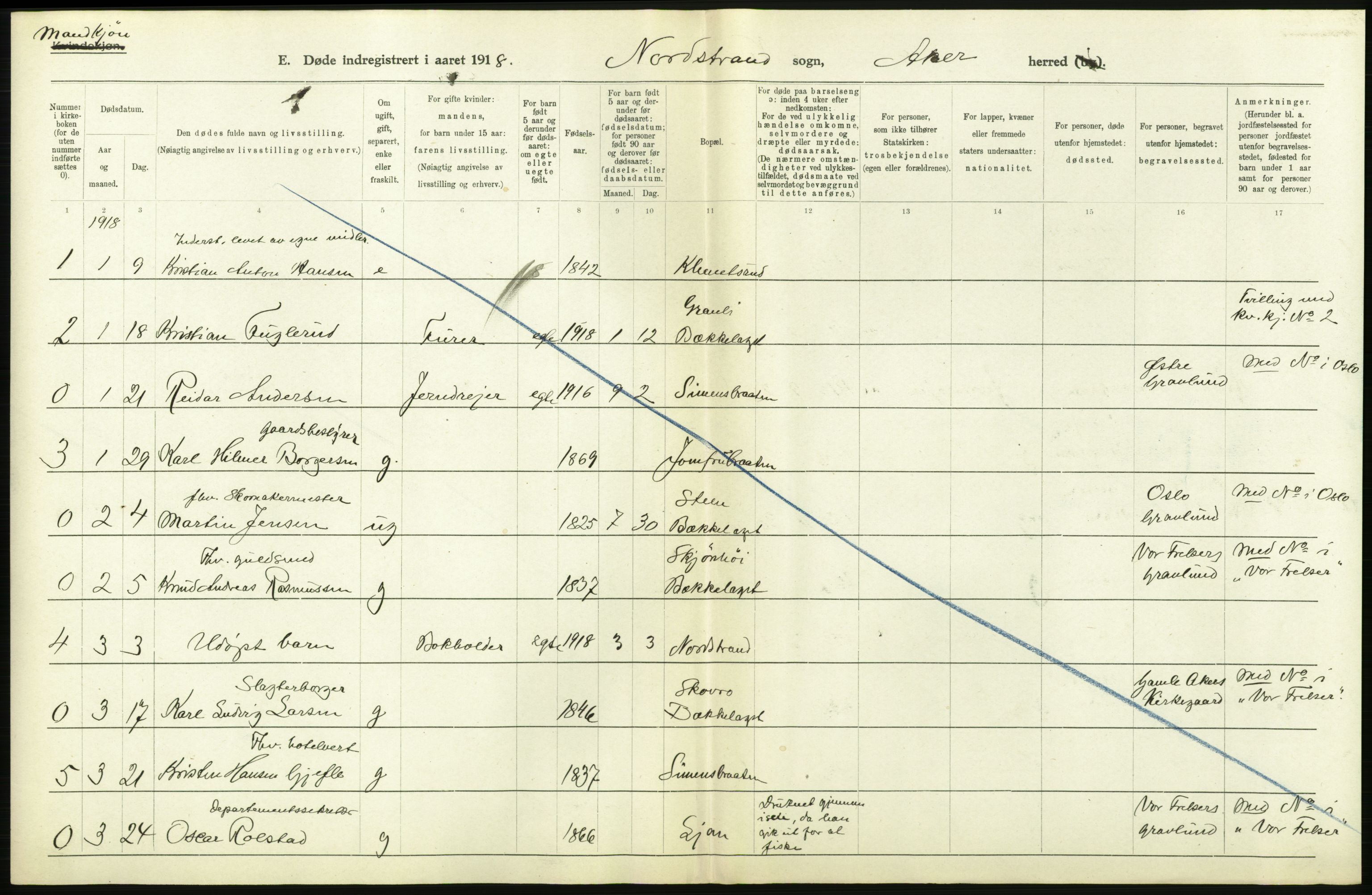 Statistisk sentralbyrå, Sosiodemografiske emner, Befolkning, AV/RA-S-2228/D/Df/Dfb/Dfbh/L0006: Akershus fylke: Døde. Bygder og byer., 1918, p. 108