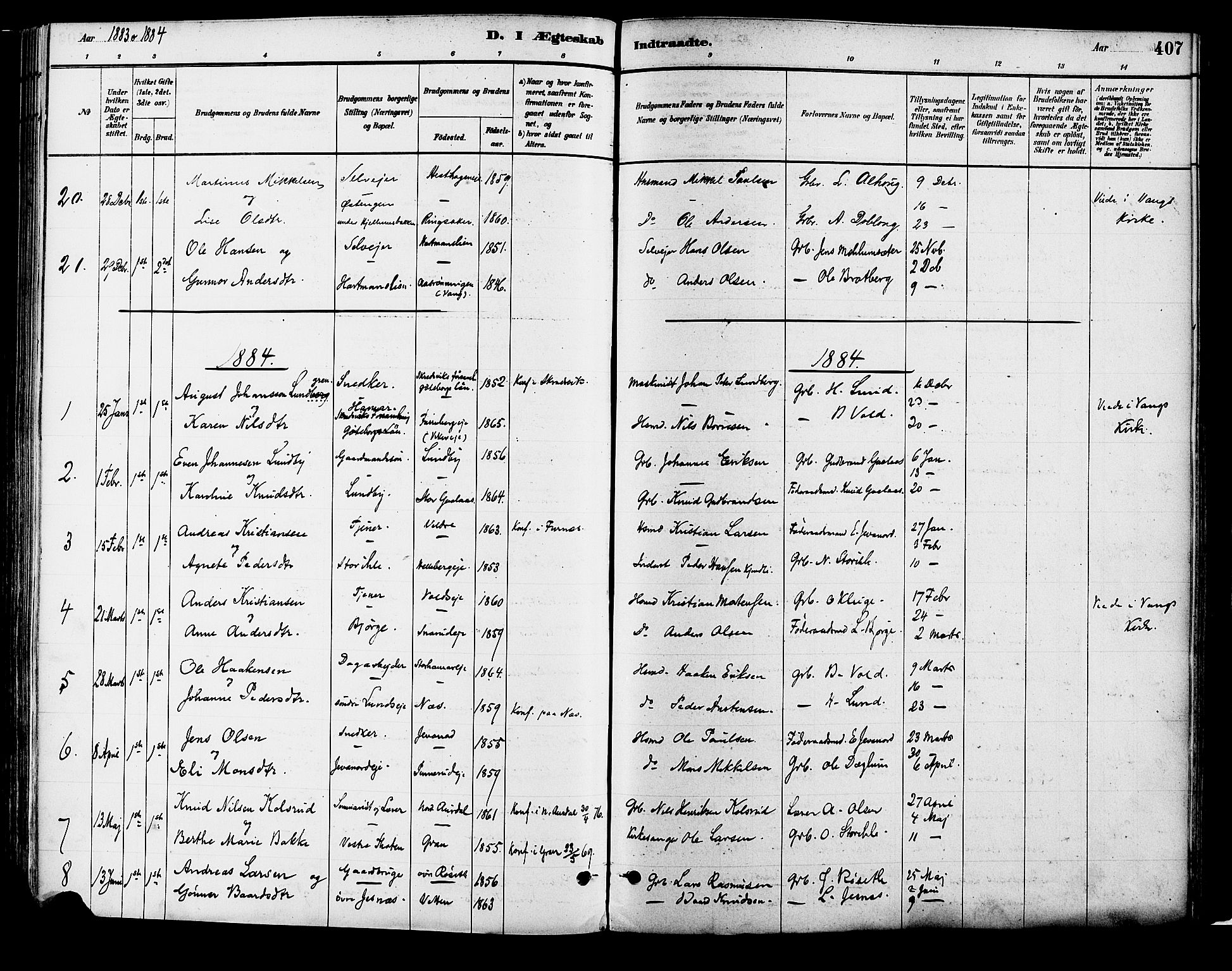 Vang prestekontor, Hedmark, SAH/PREST-008/H/Ha/Haa/L0018B: Parish register (official) no. 18B, 1880-1906, p. 407