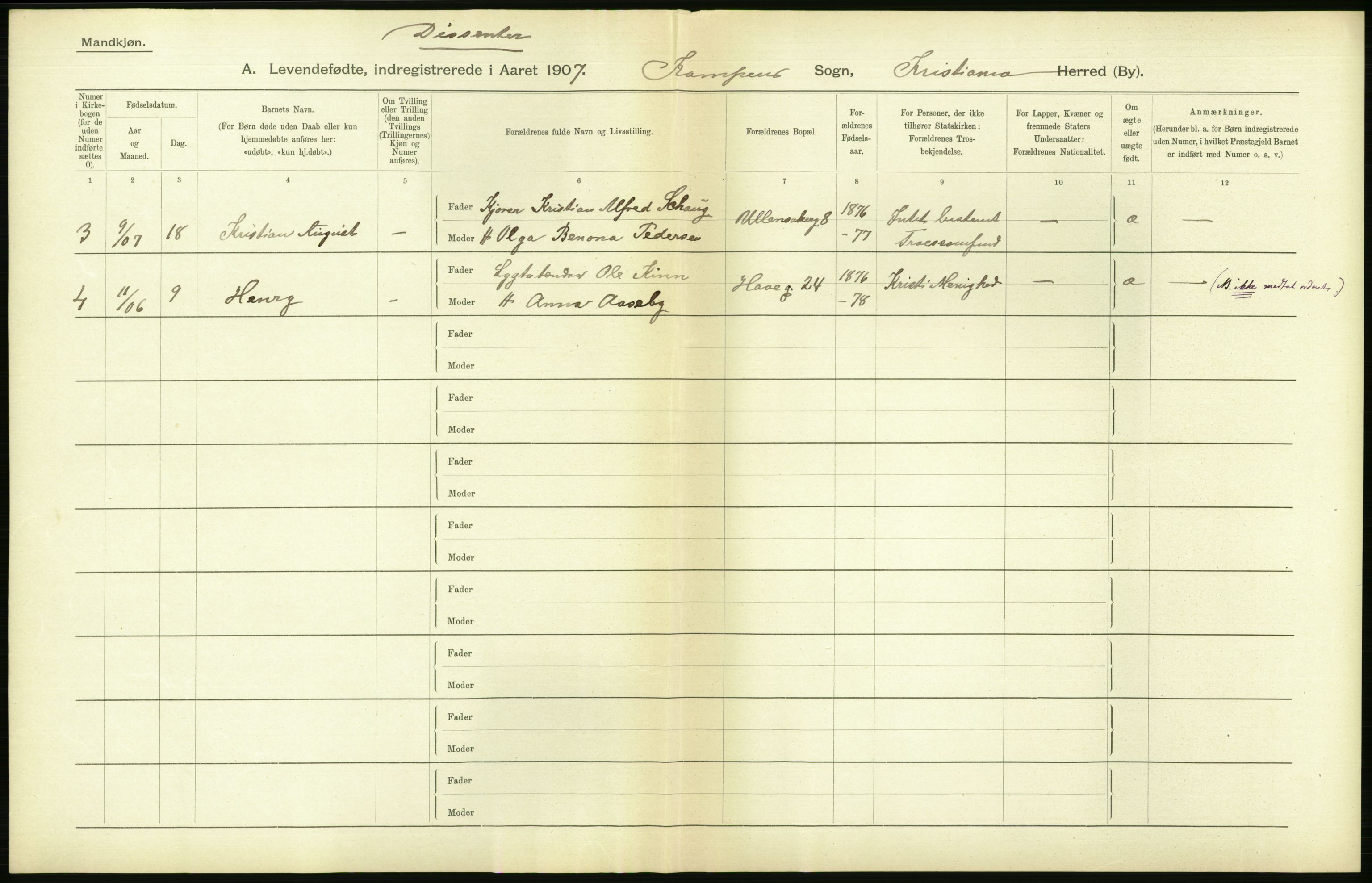 Statistisk sentralbyrå, Sosiodemografiske emner, Befolkning, AV/RA-S-2228/D/Df/Dfa/Dfae/L0007: Kristiania: Levendefødte menn og kvinner., 1907, p. 420