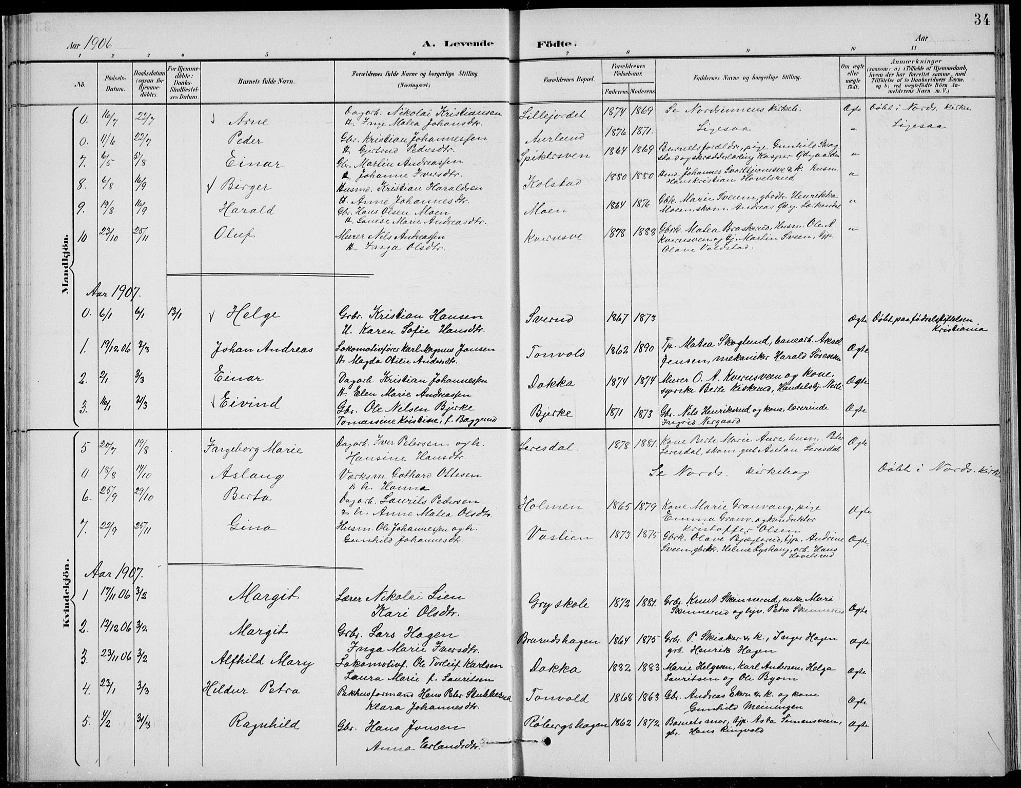 Nordre Land prestekontor, SAH/PREST-124/H/Ha/Hab/L0014: Parish register (copy) no. 14, 1891-1907, p. 34