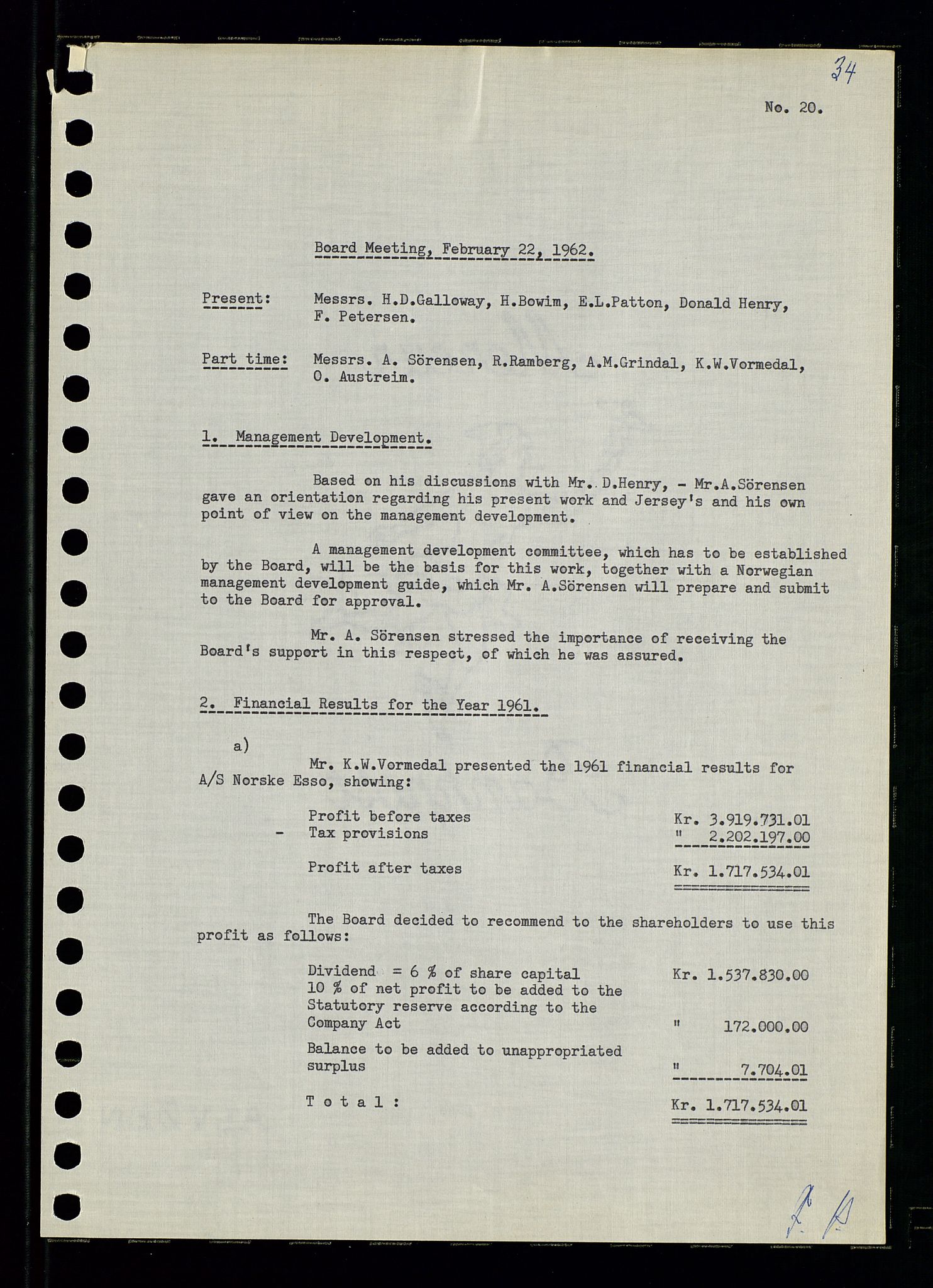 Pa 0982 - Esso Norge A/S, AV/SAST-A-100448/A/Aa/L0001/0003: Den administrerende direksjon Board minutes (styrereferater) / Den administrerende direksjon Board minutes (styrereferater), 1962, p. 34