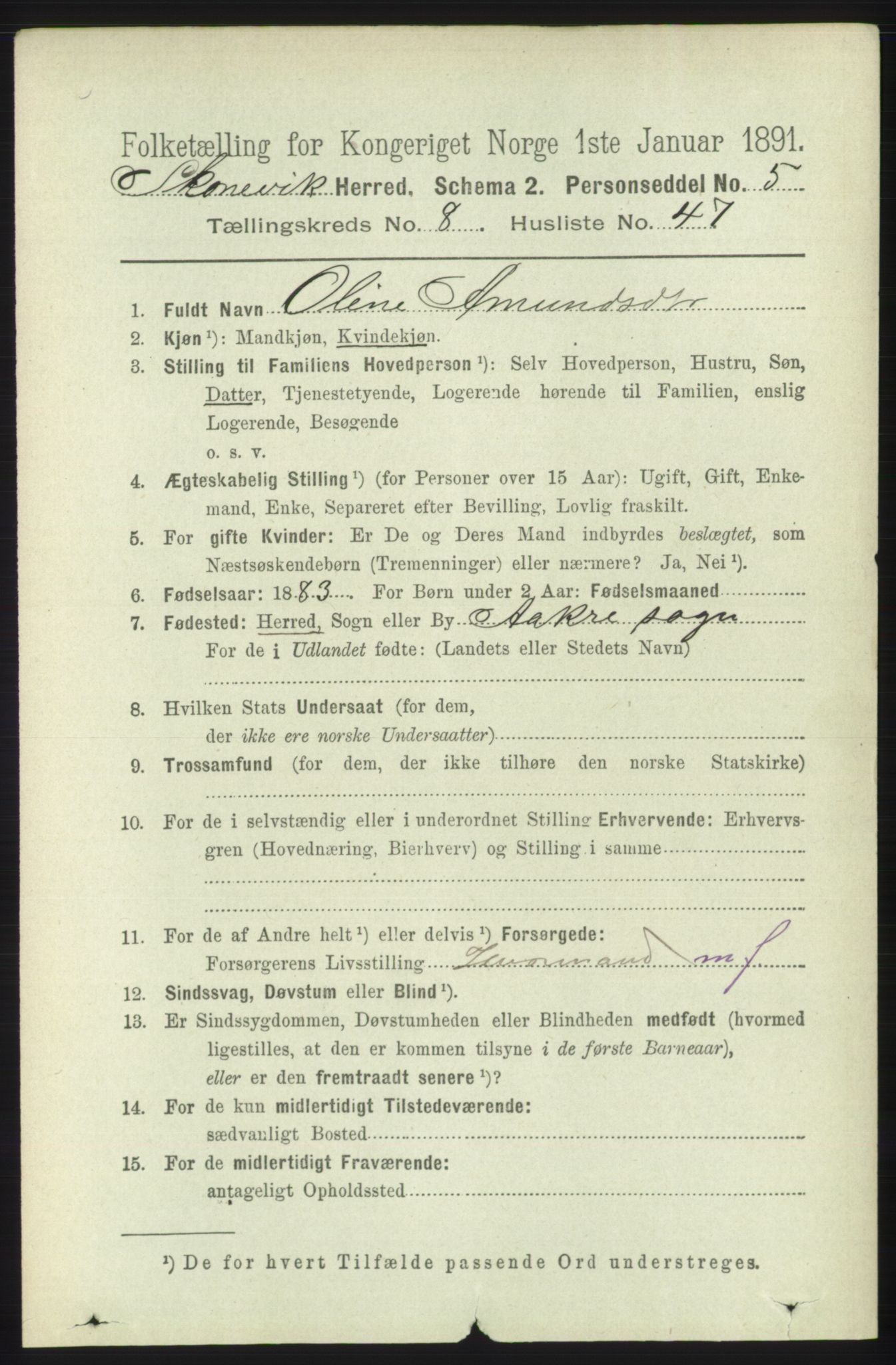 RA, 1891 census for 1212 Skånevik, 1891, p. 2476