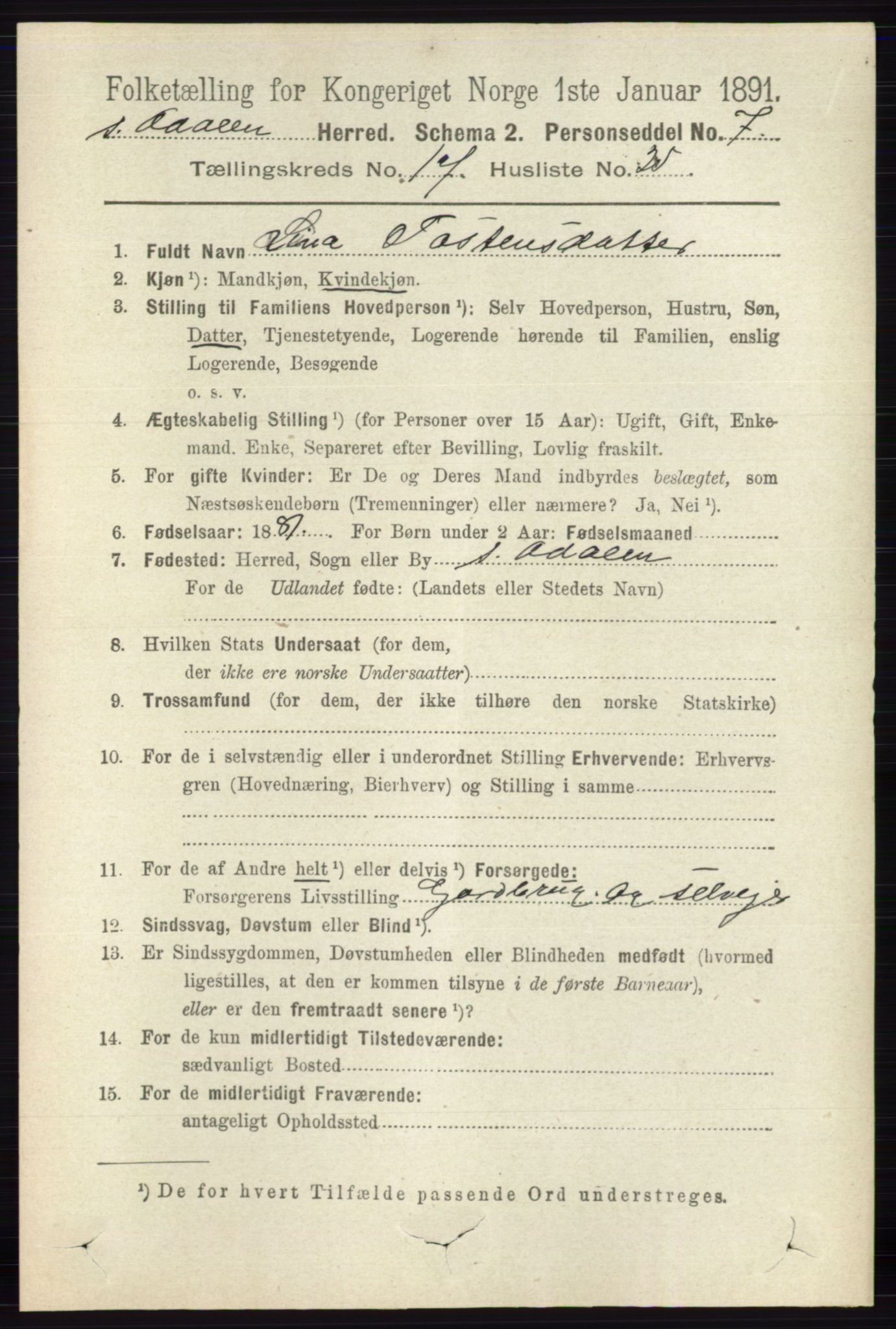 RA, 1891 census for 0419 Sør-Odal, 1891, p. 8009