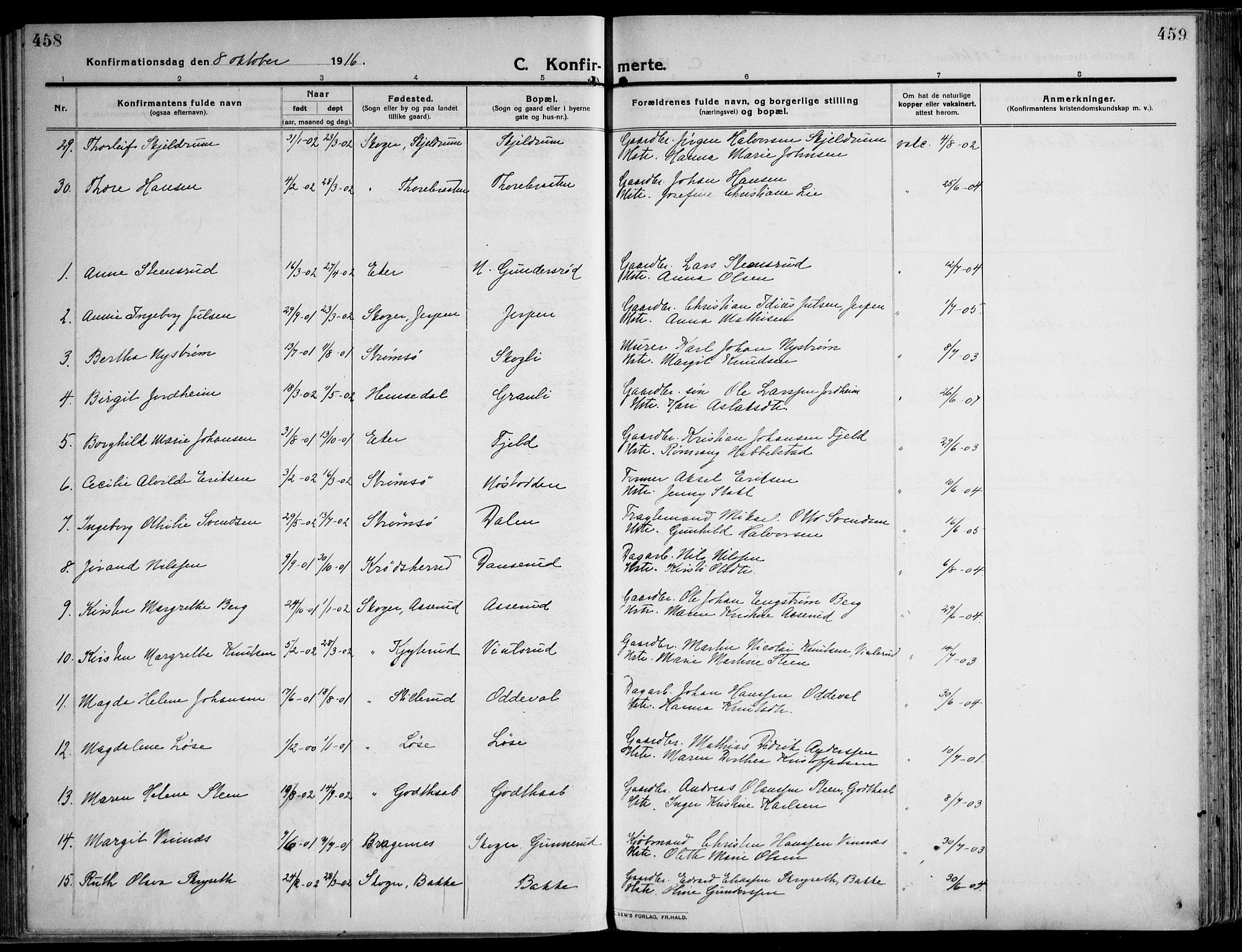 Skoger kirkebøker, AV/SAKO-A-59/F/Fa/L0007: Parish register (official) no. I 7, 1911-1936, p. 458-459