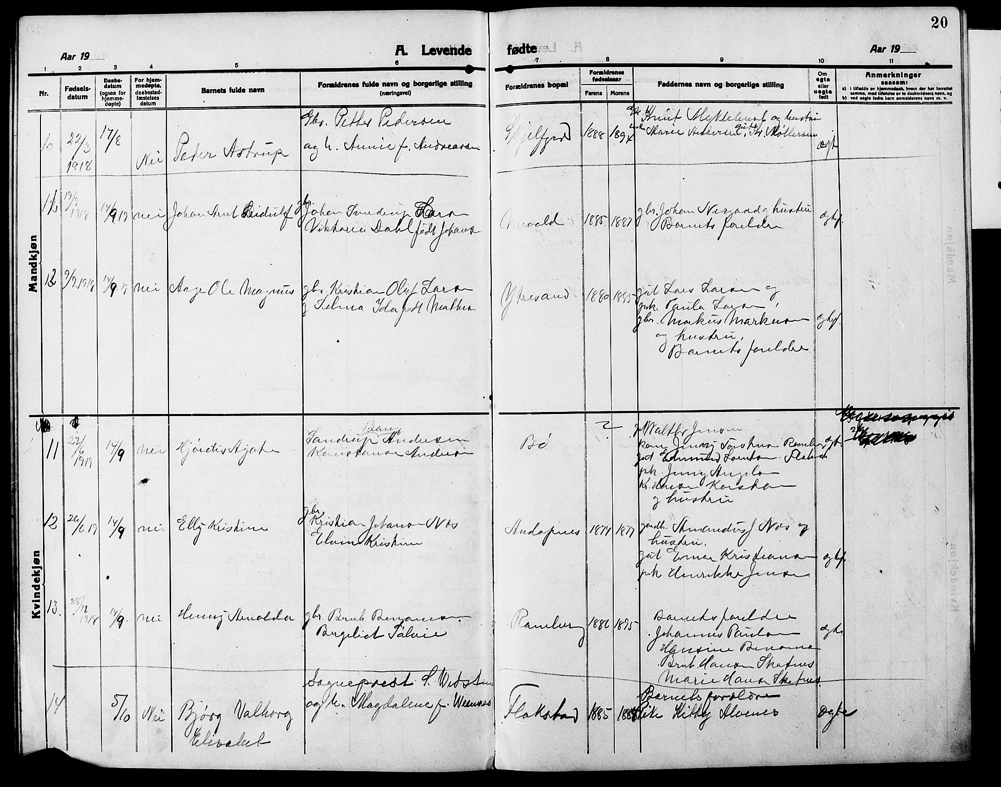 Ministerialprotokoller, klokkerbøker og fødselsregistre - Nordland, AV/SAT-A-1459/885/L1215: Parish register (copy) no. 885C04, 1916-1929, p. 20