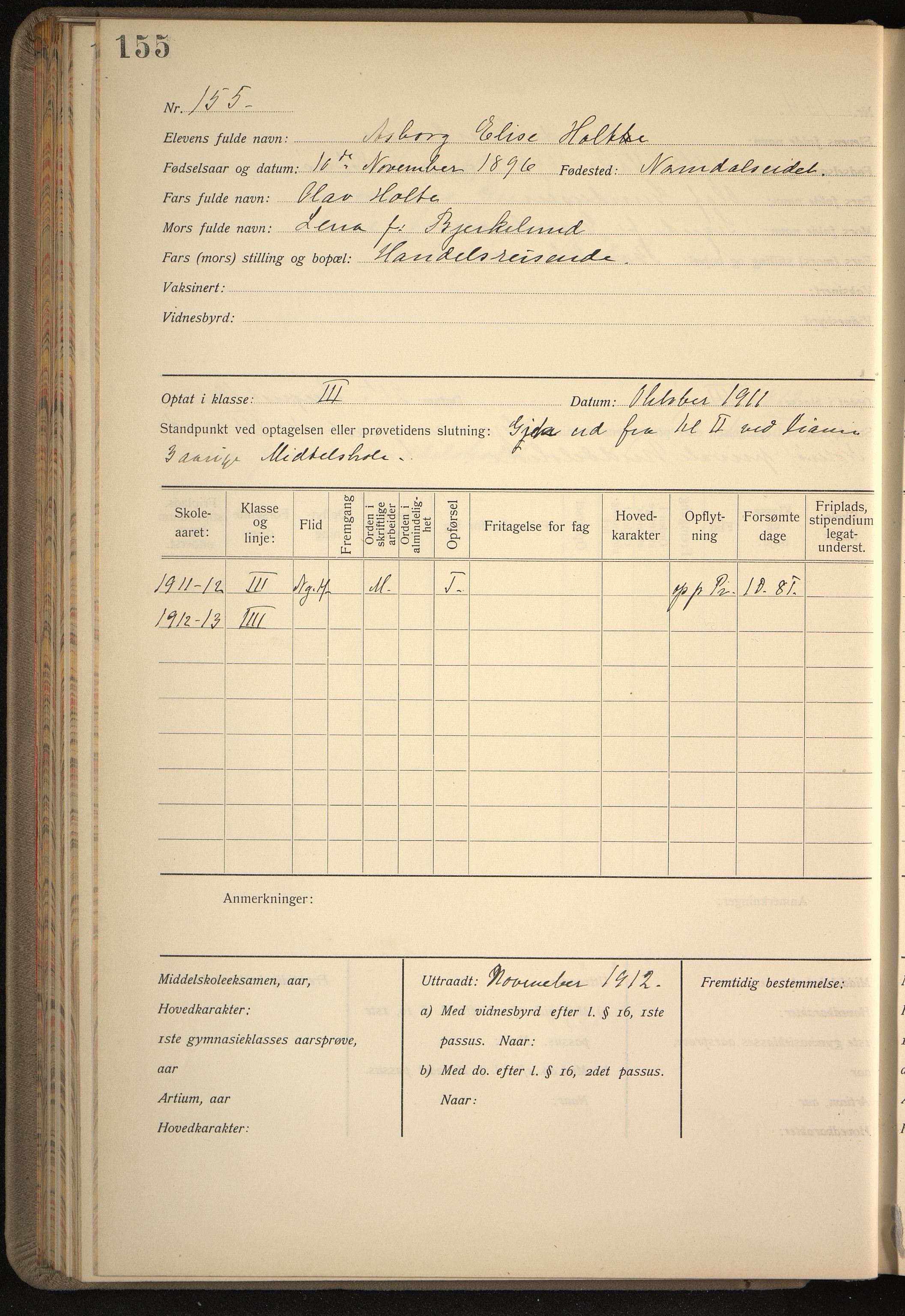 Vestfold fylkeskommune. Greveskogen videregående skole før 1998, VEMU/A-1162/G/Gb/L0003: Manntallsprotokoll Pikeskolen, 1909-1911, p. 156