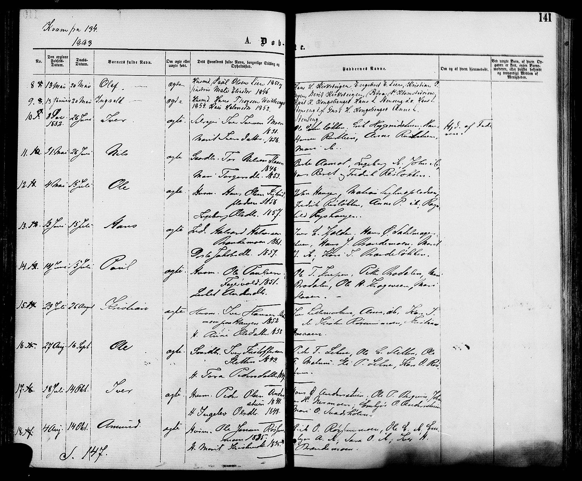 Nord-Fron prestekontor, AV/SAH-PREST-080/H/Ha/Haa/L0002: Parish register (official) no. 2, 1865-1883, p. 141