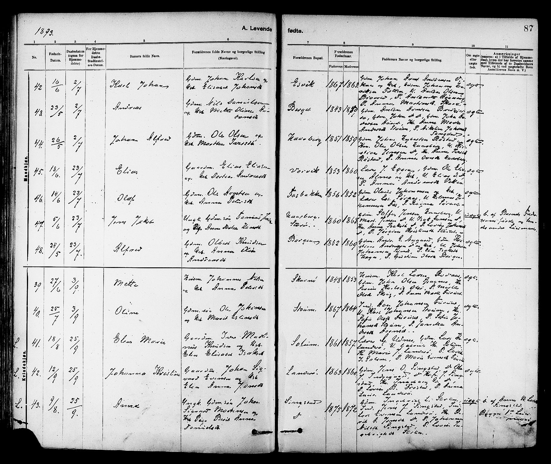 Ministerialprotokoller, klokkerbøker og fødselsregistre - Sør-Trøndelag, AV/SAT-A-1456/647/L0634: Parish register (official) no. 647A01, 1885-1896, p. 87