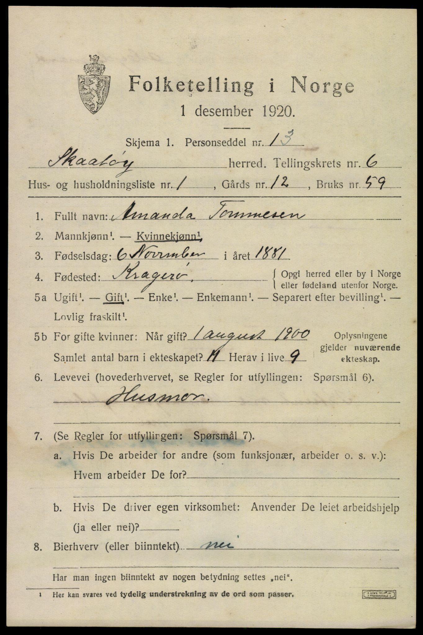 SAKO, 1920 census for Skåtøy, 1920, p. 4720