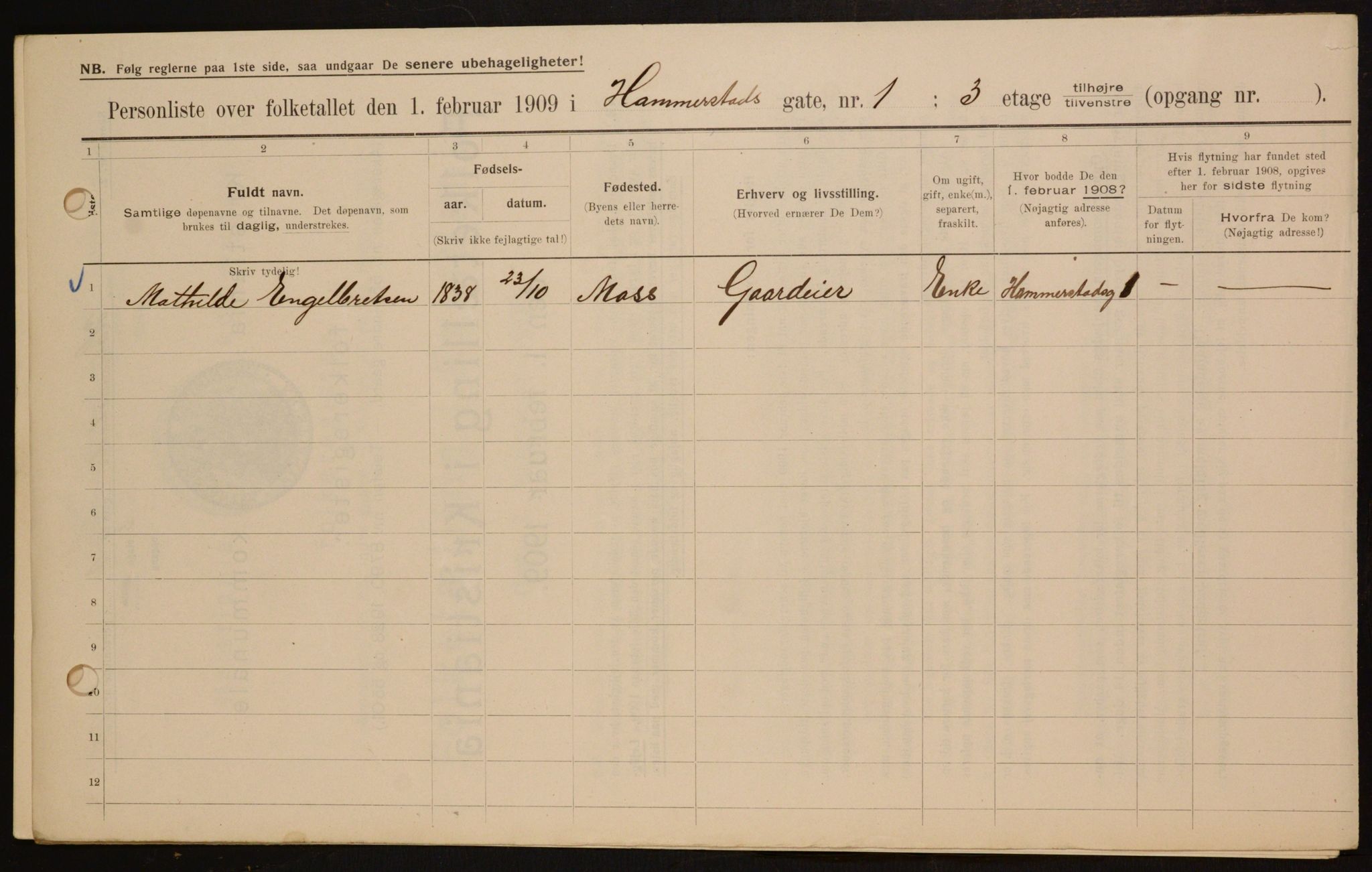 OBA, Municipal Census 1909 for Kristiania, 1909, p. 31276