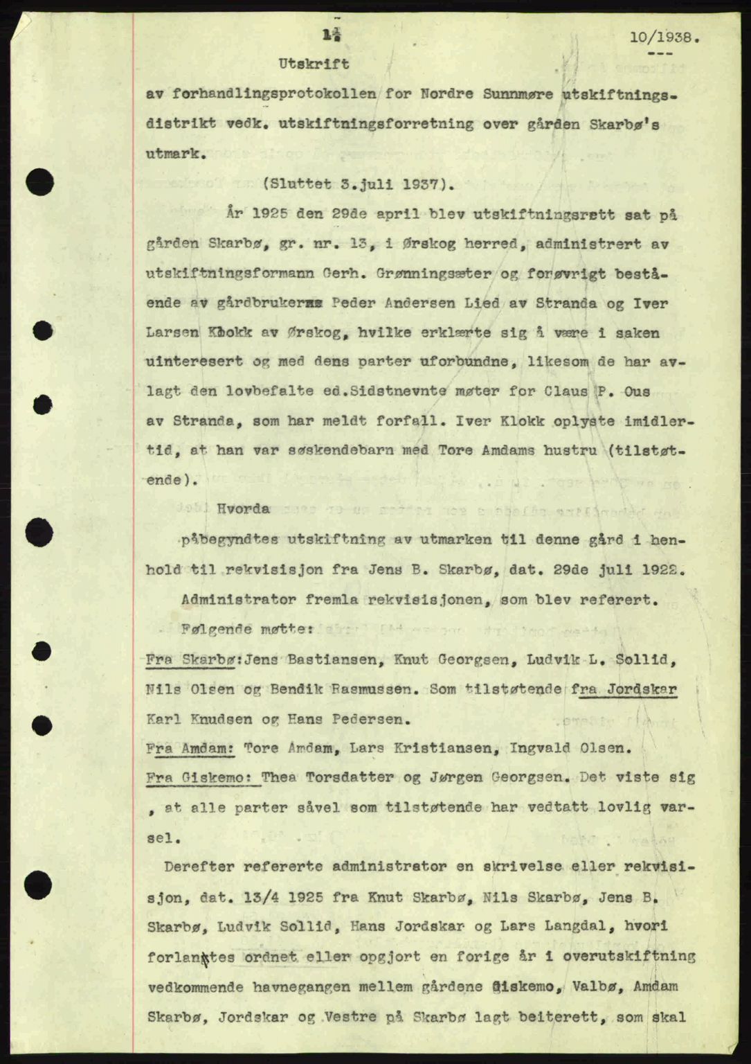 Nordre Sunnmøre sorenskriveri, AV/SAT-A-0006/1/2/2C/2Ca: Mortgage book no. A4, 1937-1938, Diary no: : 10/1938