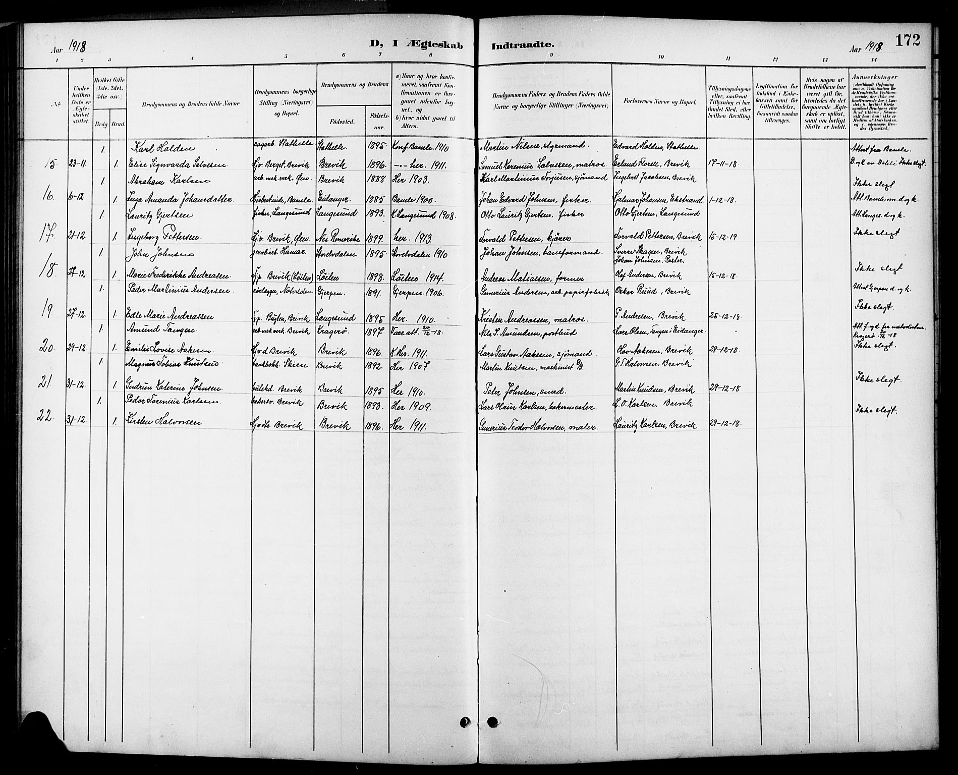 Brevik kirkebøker, SAKO/A-255/G/Ga/L0005: Parish register (copy) no. 5, 1901-1924, p. 172