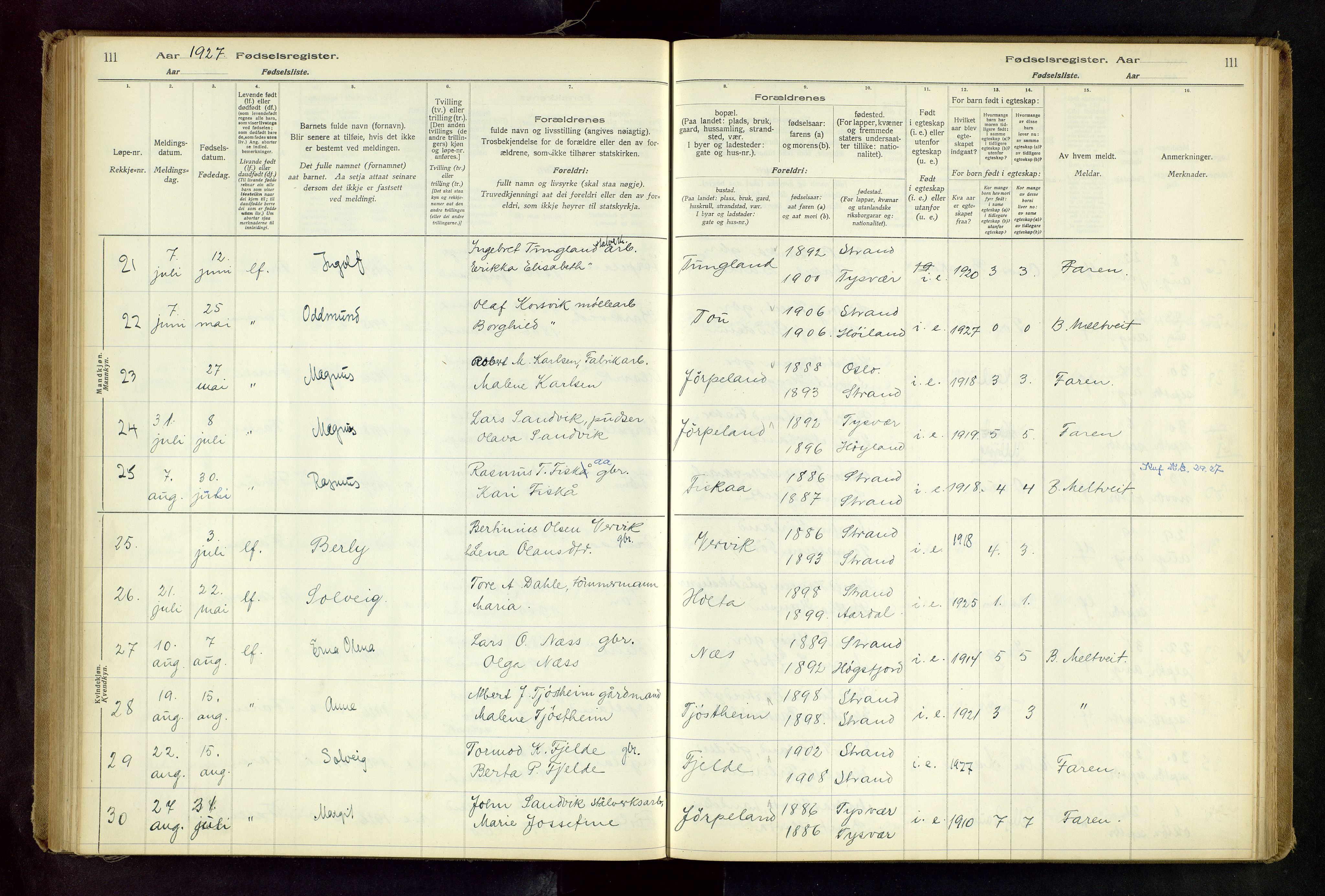 Strand sokneprestkontor, AV/SAST-A-101828/I/Id/L0001: Birth register no. 1, 1916-1938, p. 111