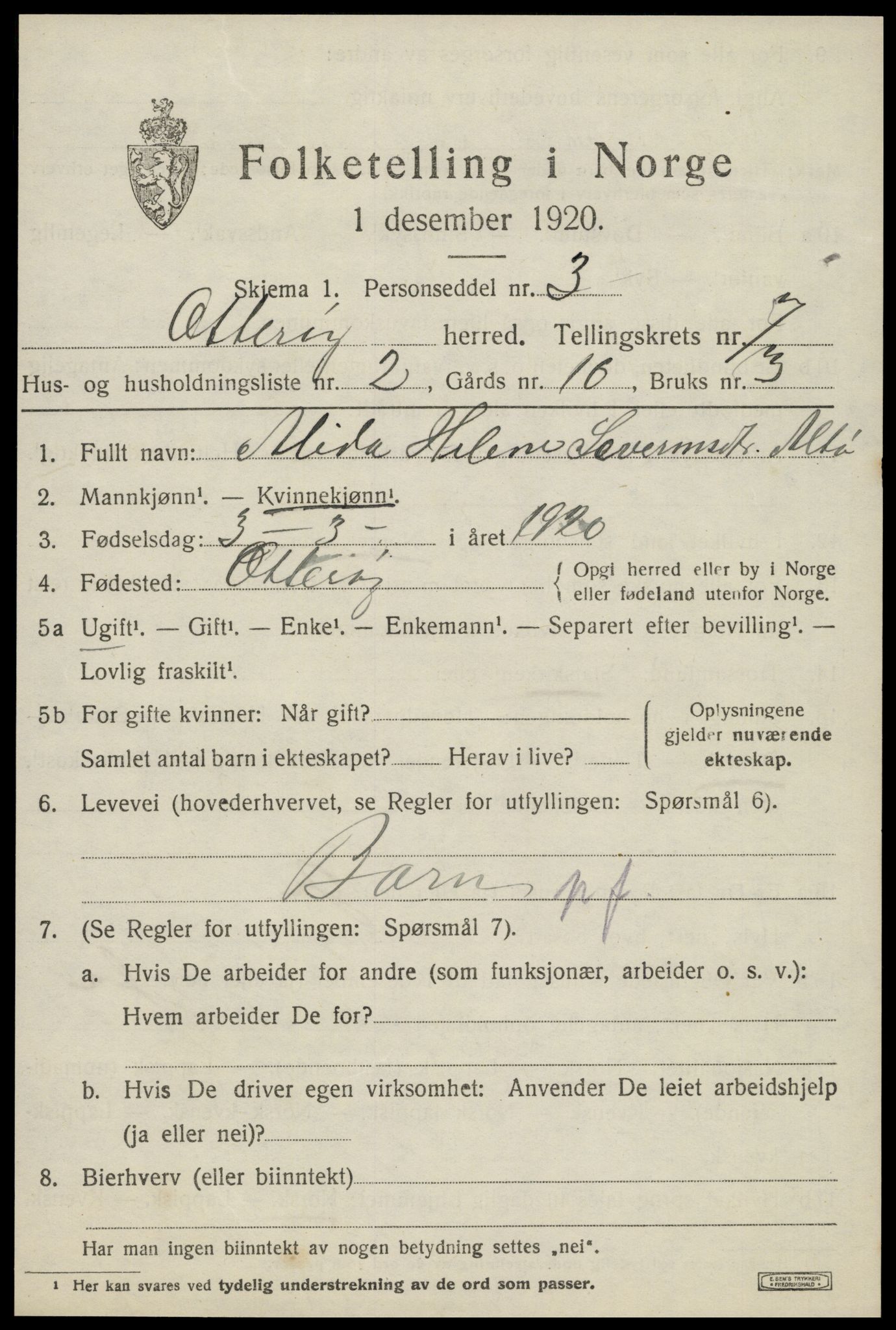 SAT, 1920 census for Otterøy, 1920, p. 2607