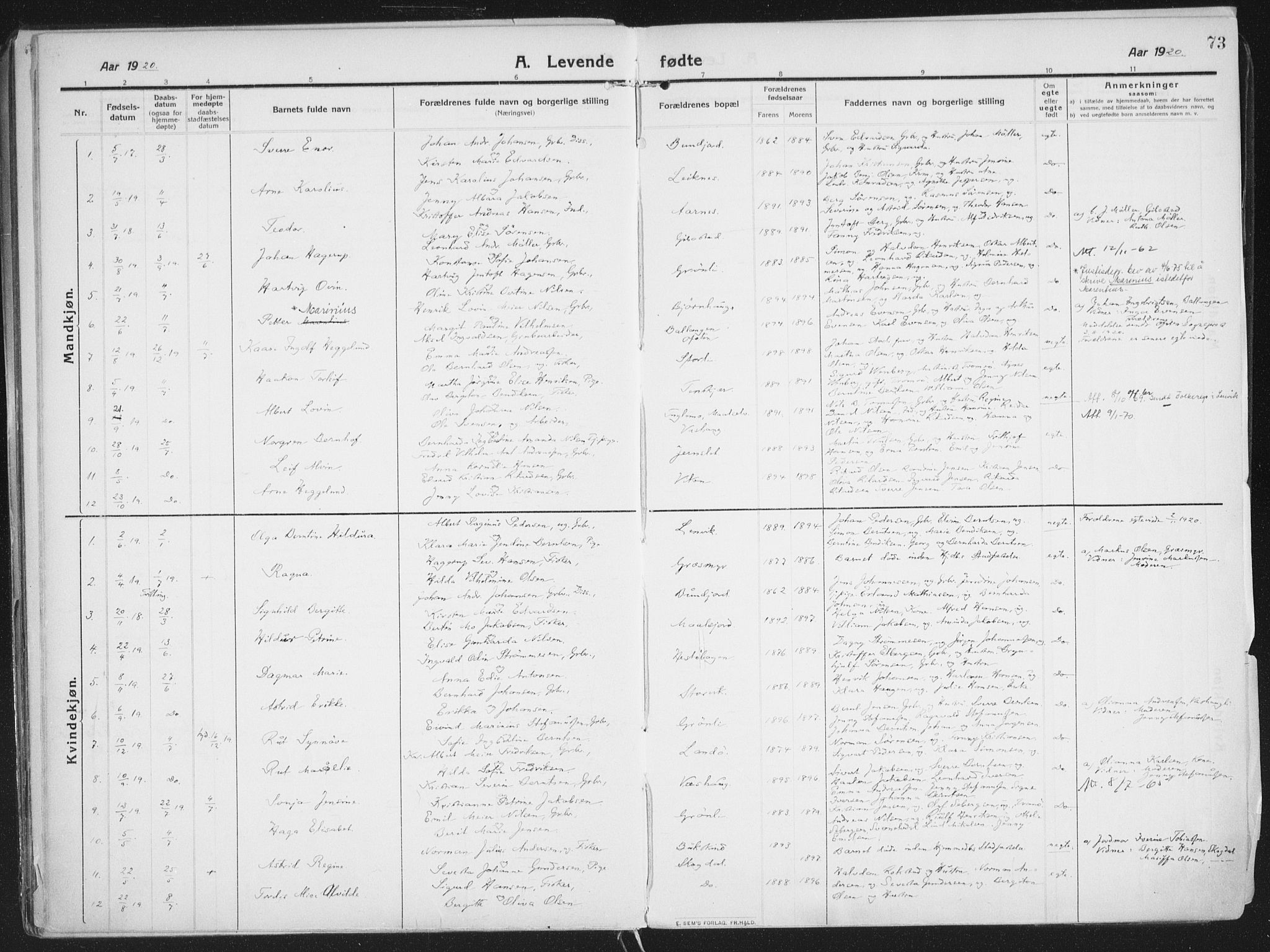 Lenvik sokneprestembete, SATØ/S-1310/H/Ha/Haa/L0016kirke: Parish register (official) no. 16, 1910-1924, p. 73