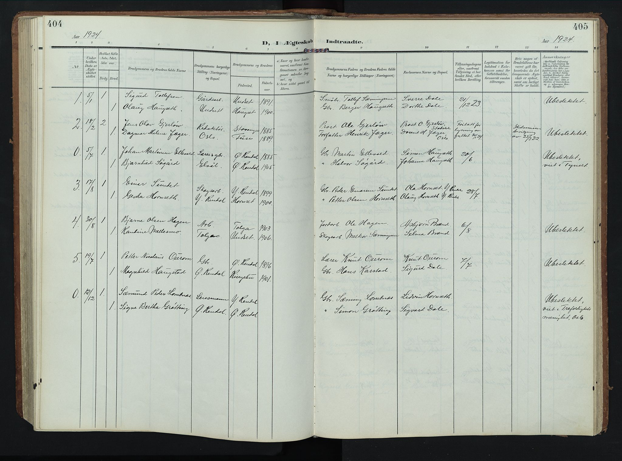 Rendalen prestekontor, SAH/PREST-054/H/Ha/Hab/L0004: Parish register (copy) no. 4, 1904-1946, p. 404-405