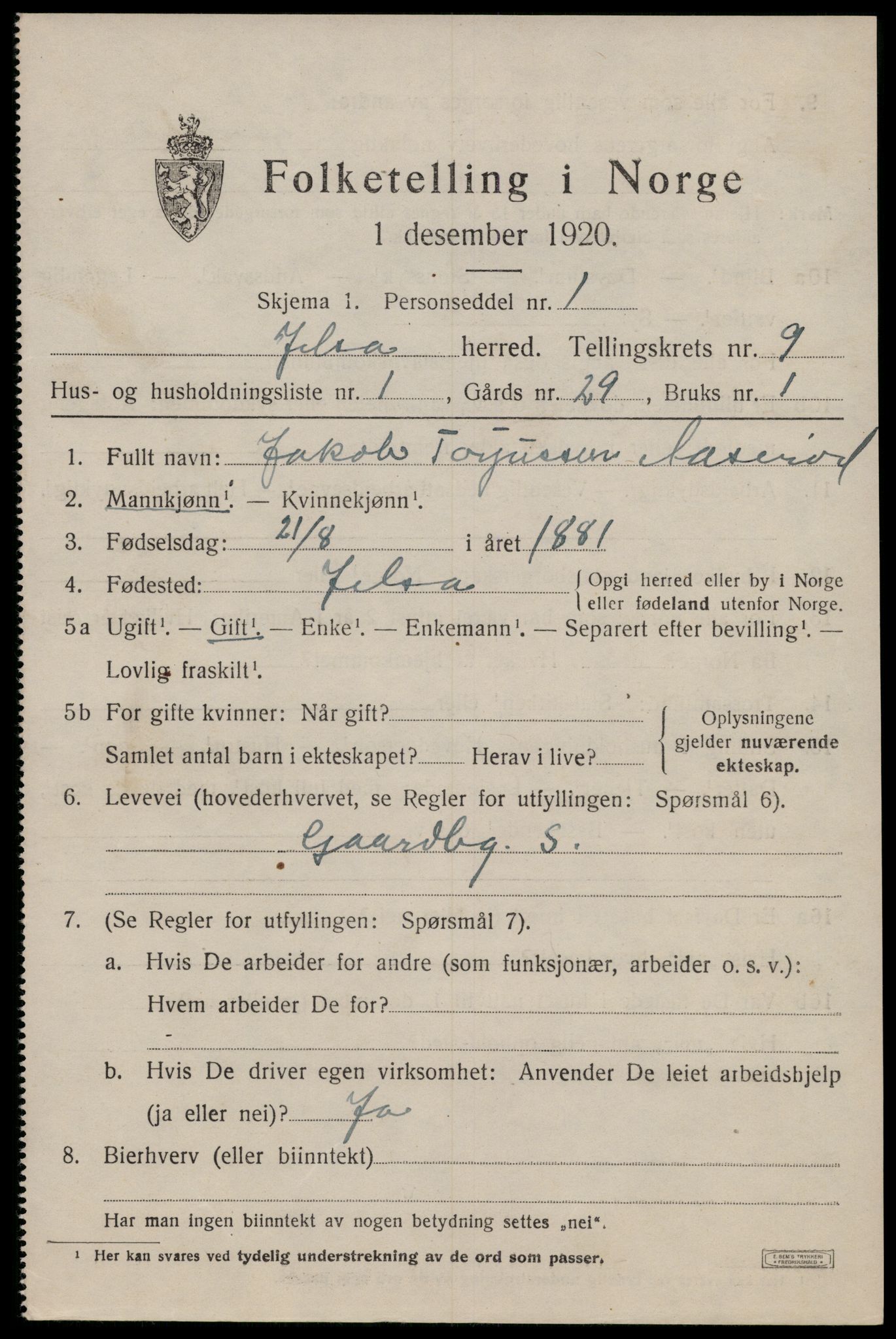 SAST, 1920 census for Jelsa, 1920, p. 2420