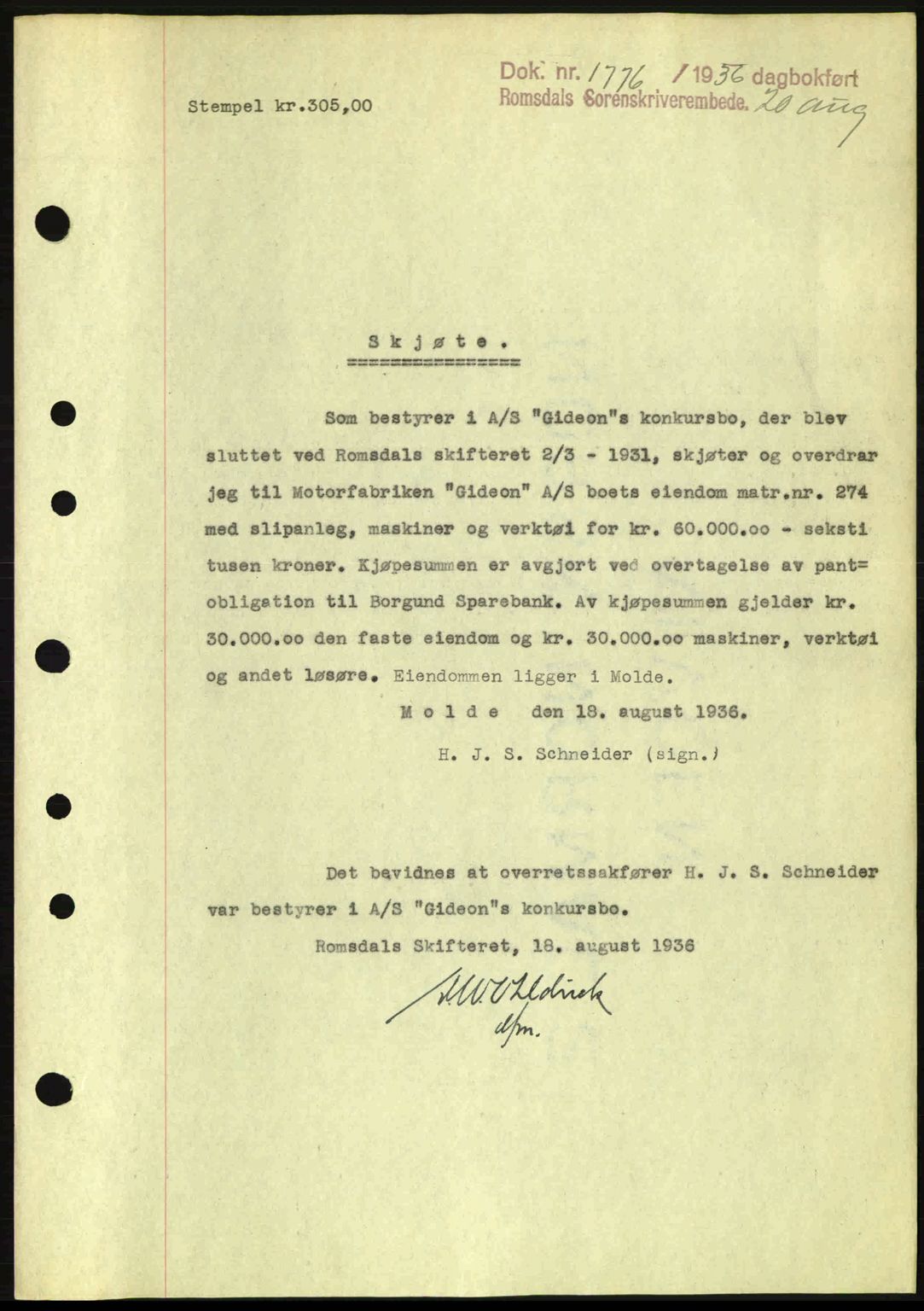 Romsdal sorenskriveri, AV/SAT-A-4149/1/2/2C: Mortgage book no. A1, 1936-1936, Diary no: : 1776/1936