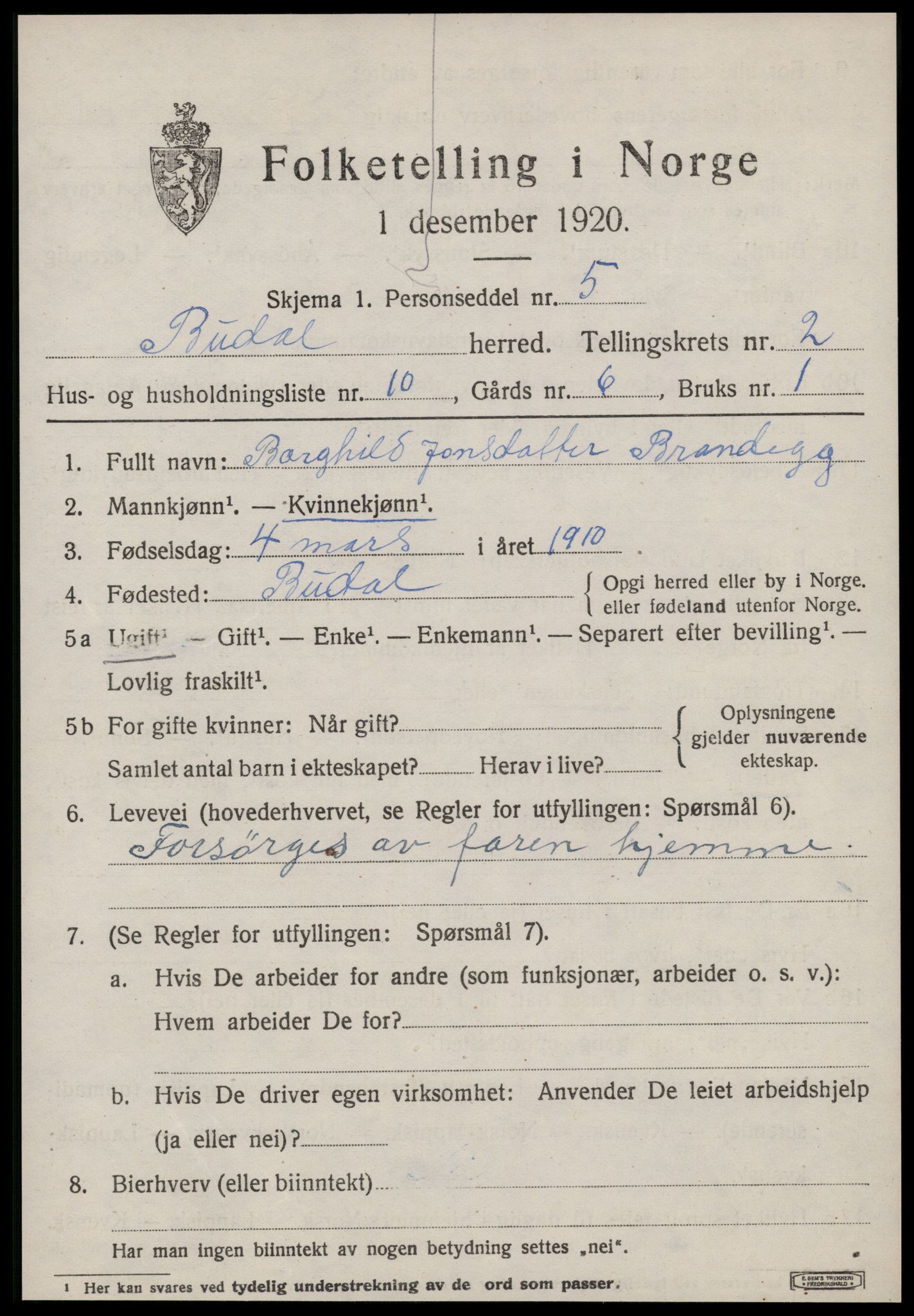 SAT, 1920 census for Budal, 1920, p. 488