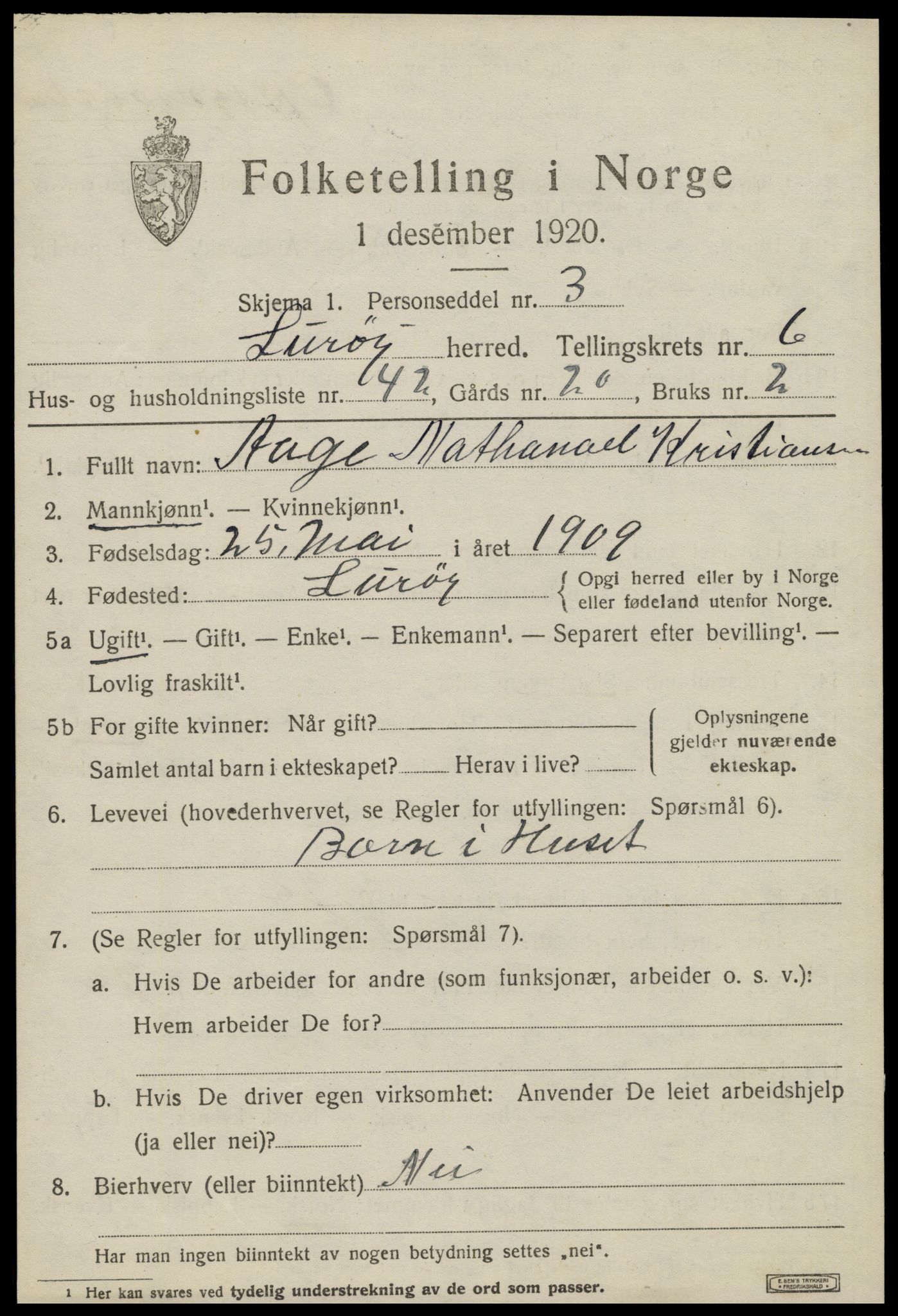 SAT, 1920 census for Lurøy, 1920, p. 3587