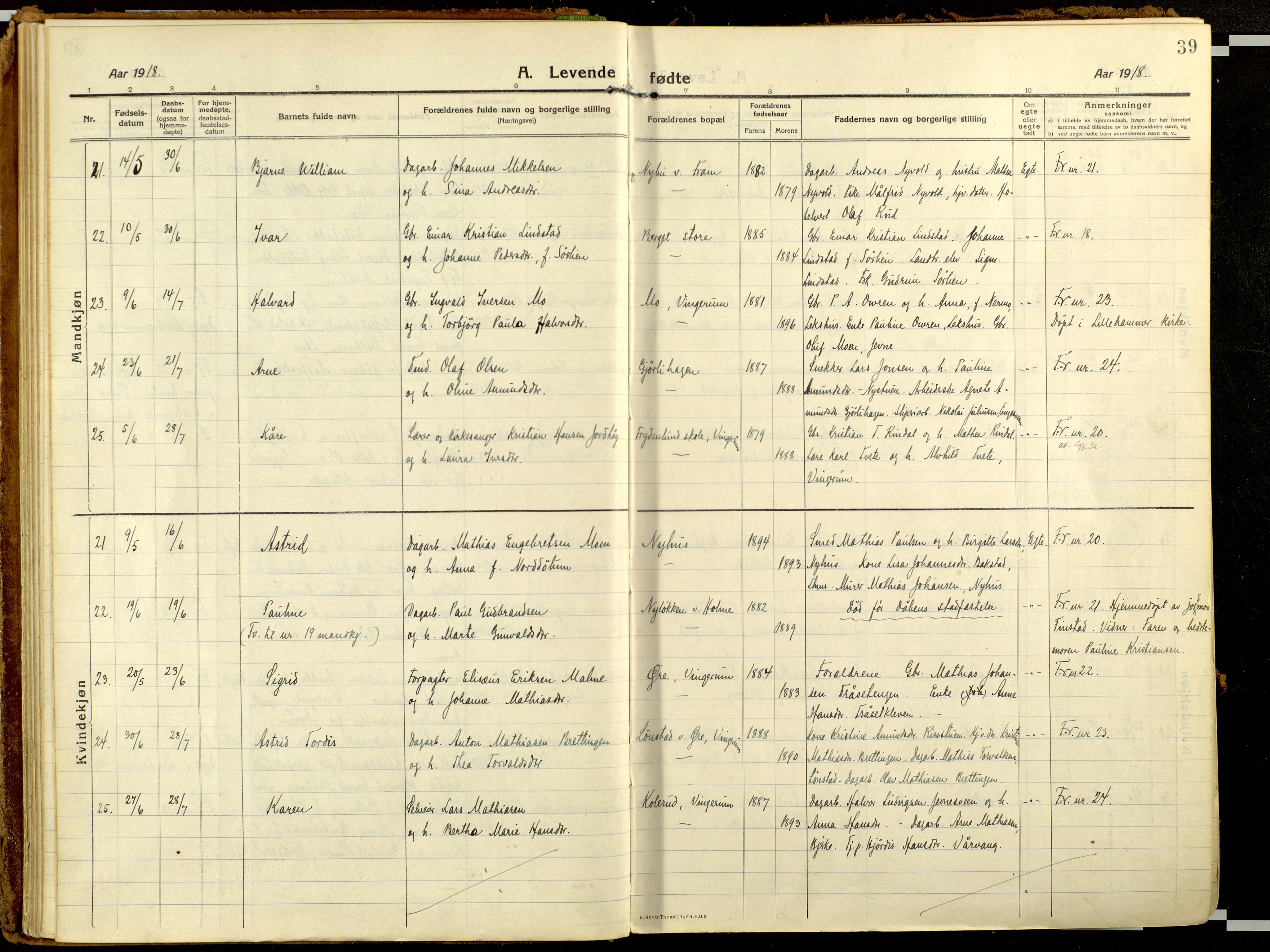 Fåberg prestekontor, AV/SAH-PREST-086/H/Ha/Haa/L0013: Parish register (official) no. 13, 1913-1928, p. 39