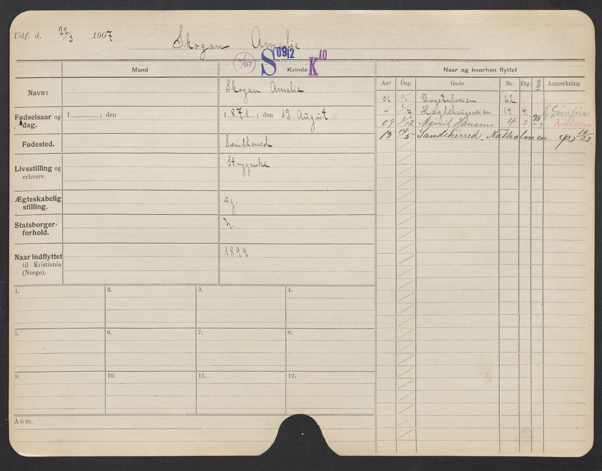 Oslo folkeregister, Registerkort, AV/SAO-A-11715/F/Fa/Fac/L0023: Kvinner, 1906-1914, p. 1074a