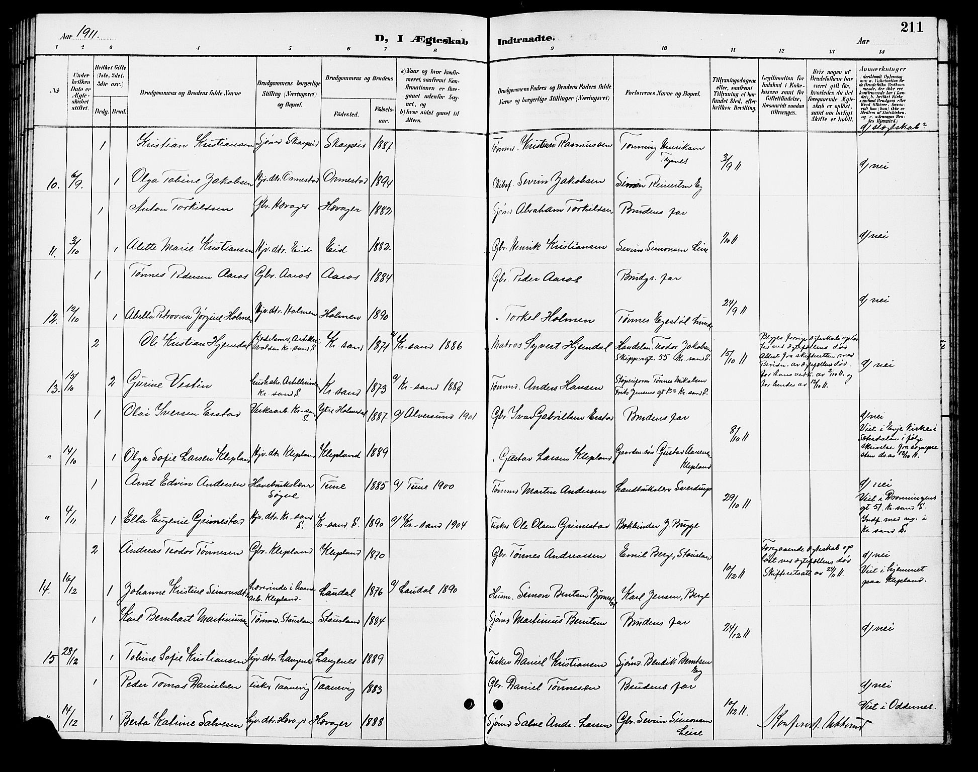 Søgne sokneprestkontor, AV/SAK-1111-0037/F/Fb/Fbb/L0006: Parish register (copy) no. B 6, 1892-1911, p. 211